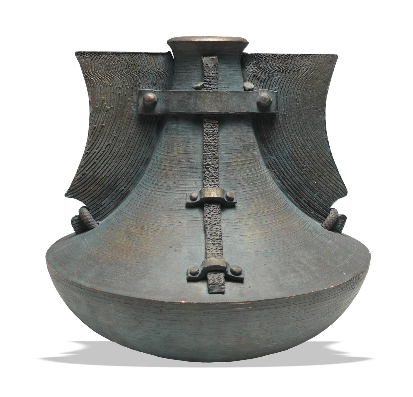 Large Ron Artman Studio Pottery Sculptured Vase: Large blue-gray vase with faux metal rivets and attachments. Signed on the bottom. Dimensions: 15 1/2 inches tall X 16 3/8 inches diameter; 39.37 cm tall X 41.59 cm diameter. All measurements are appr