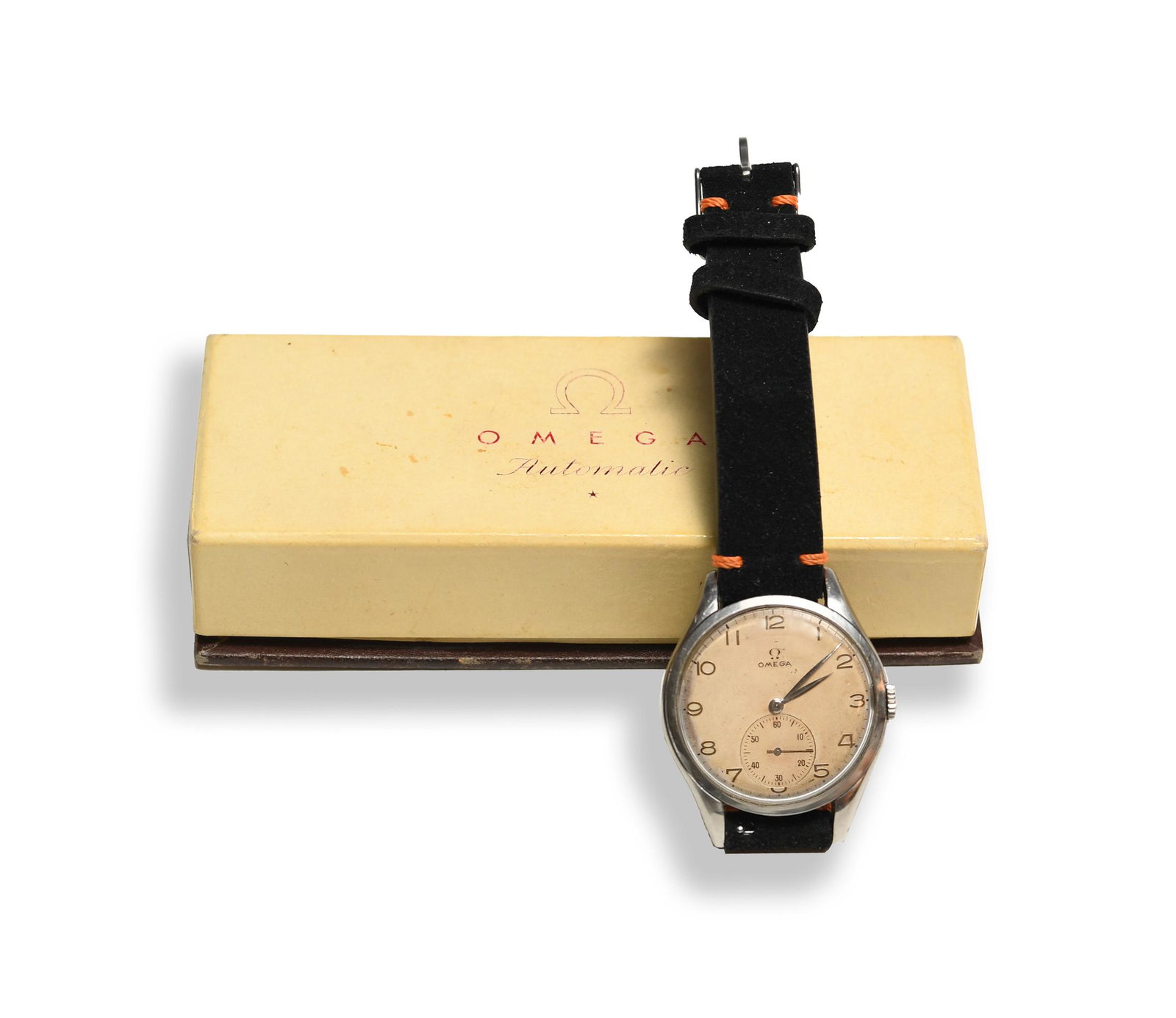 1947 Gentleman: 15 jewel movement serial number 1154651, manual wind, cal. 265, signed Omega, numbered 38mm. With a stainless steel case. Comes in a period Omega watch box. Dimensions: Case 38.05mm dia, 47.1mm long, 