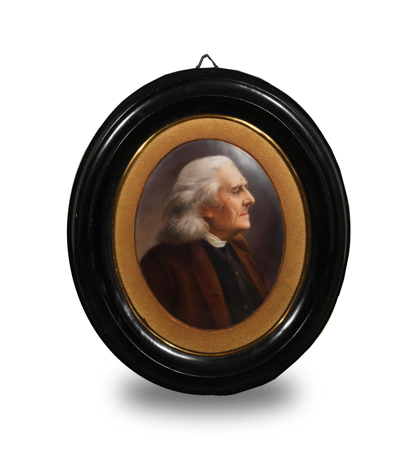 KPM / Berlin Porcelain Portrait Plaque, A. Römhild: 19th century. Framed without glass portrait of an older man with silver hair and facial blemishes. Verso has A. Römhild written in ink. Possibly from the Meissen Porcelain Factory. Dimensions: Frame: