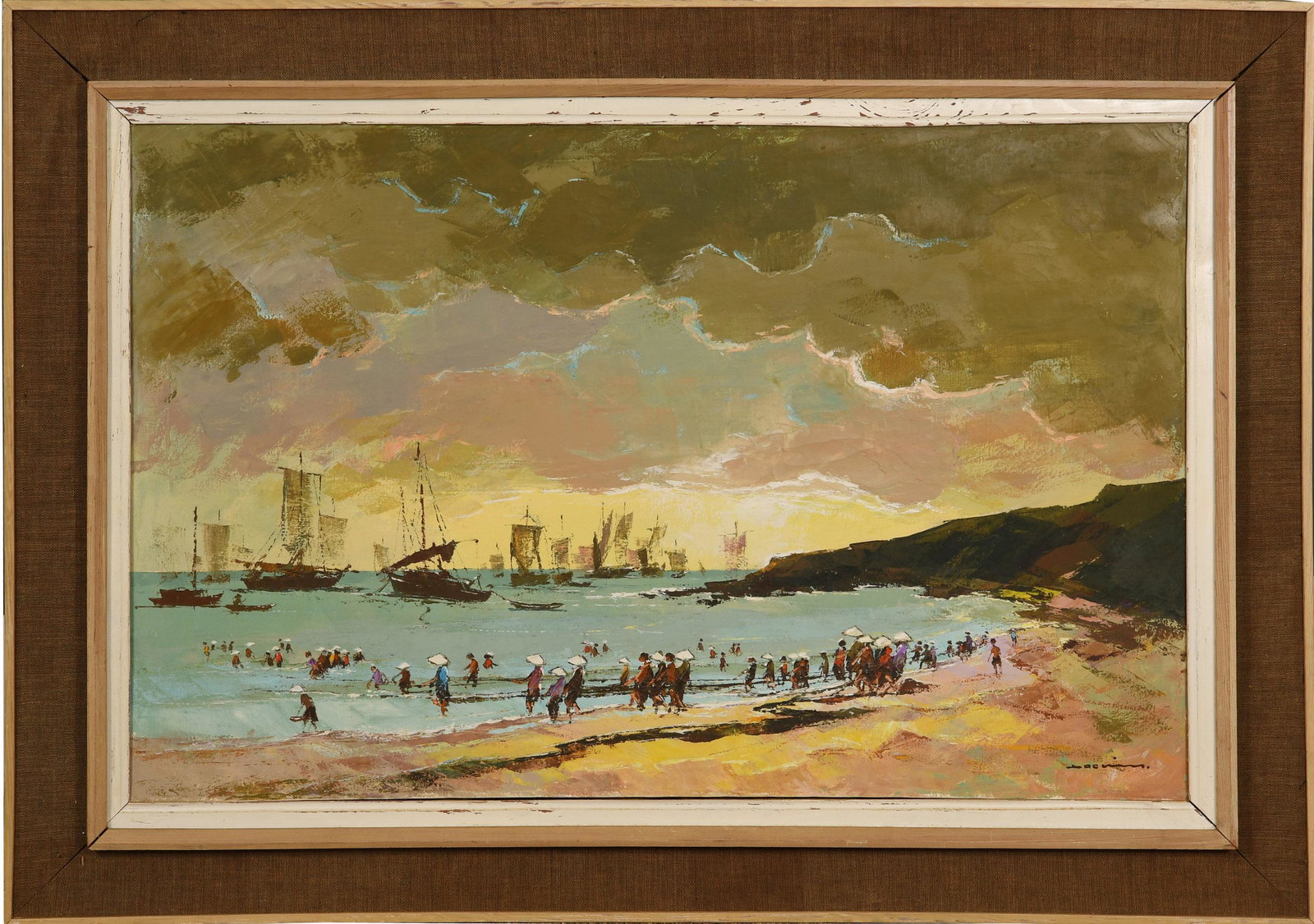 Oil on Canvas, Vietnamese, Unknown Artist: Vietnamese painting of fishing boats along the coast and people with conical hats on the beach. Dimensions: Frame size: 34 1/4 inches tall X 48 1/8 inches wide, 86.99 cm tall X 122.23 cm wide. Sight s