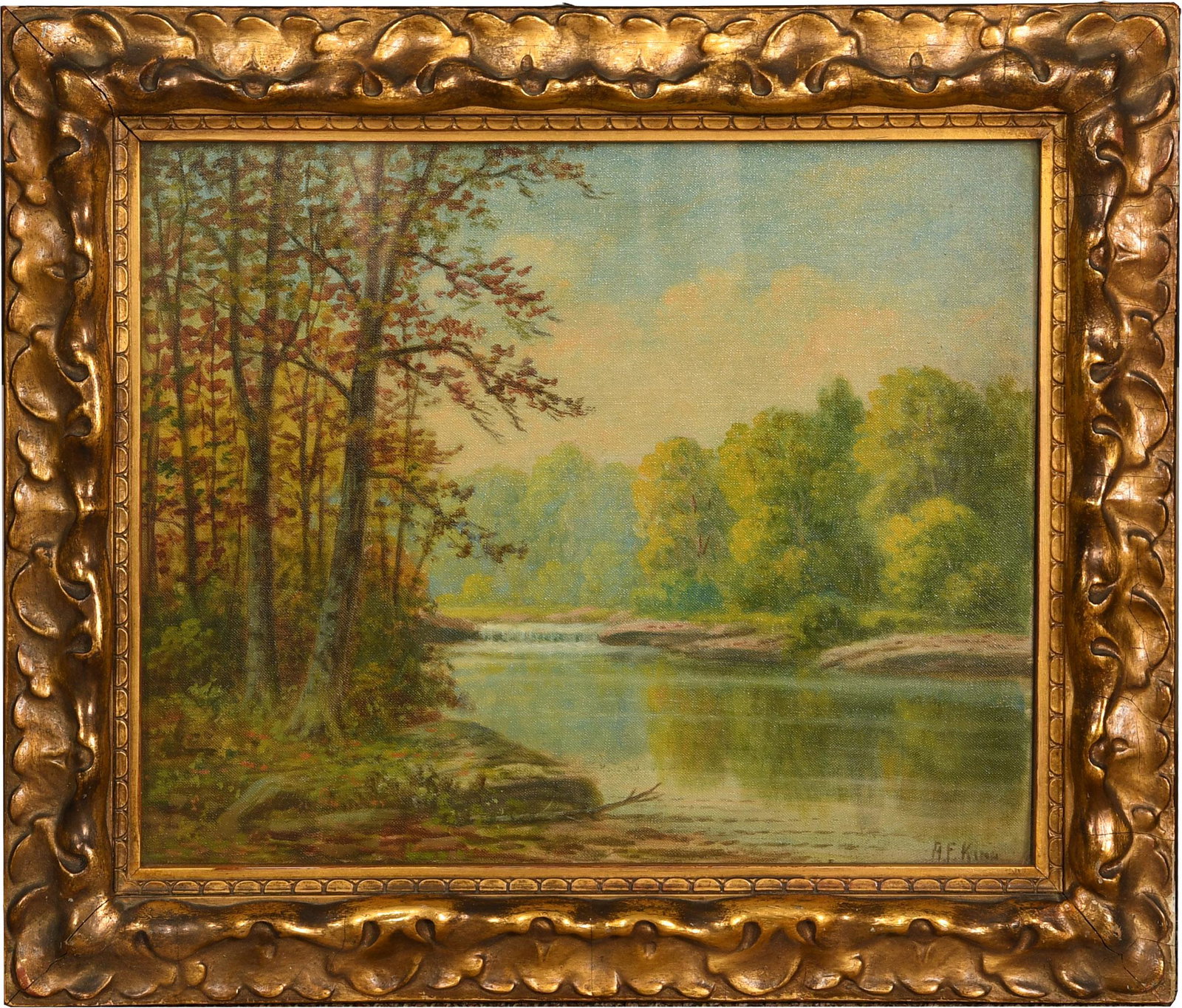 Albert Francis King Oil River Landscape: Albert Francis King (American, 1854-1945), late 19th or early 20th century oil on canvas landscape with a river and small waterfall. In original frame. Albert Francis King was born in 1854 in Pittsbur