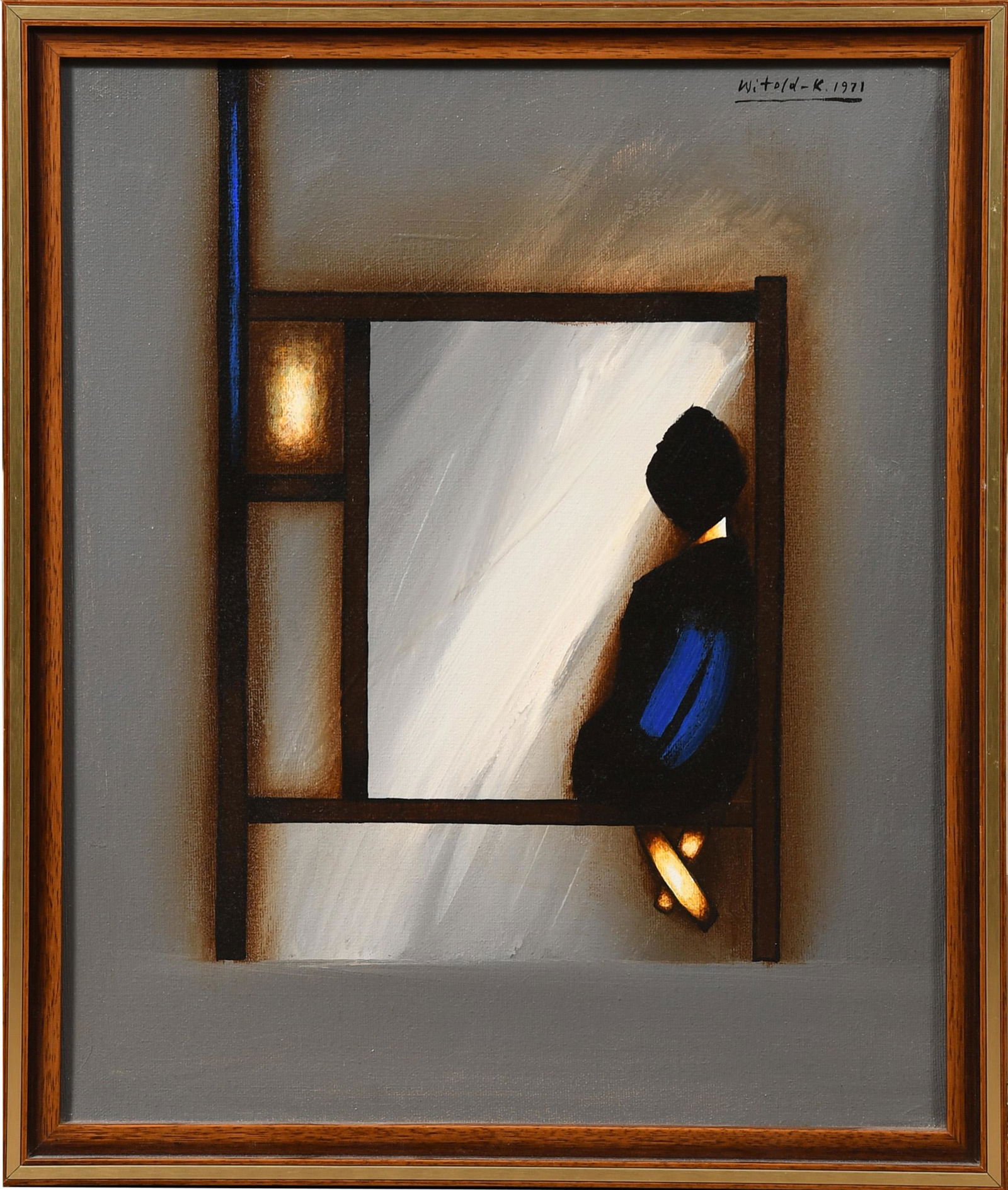 Witold Kaczanowski, Abstract Oil on Canvas, 1971: Witold Leszek Kaczanowski (Polish/American b. 1932), oil on canvas. An abstract painting of a figure sitting at a window. Signed and dated 1971. Dimensions are: 16 1/2 inches tall X 13 3/4 inches wide
