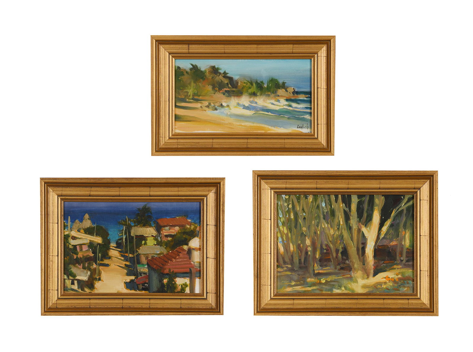 3 Kim English Oil on Board Paintings: Kim English (b. 1957) three oil on panel 'sketches' from a central American trip. Vivid color palette on all three paintings with broad strokes and seaside atmosphere. Comes with email correspondence 