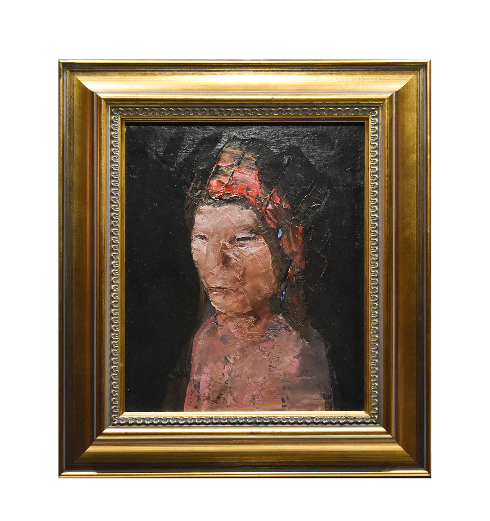 Dean Richardson, Man Afraid of His Horse: Dean Richardson (American, b. 1931) acrylic on canvas, 1986-1987. Depicted is a Native American man in a headdress. Initialed 'DR' in the bottom right corner, dated on verso. Dimensions: Sight size: 9