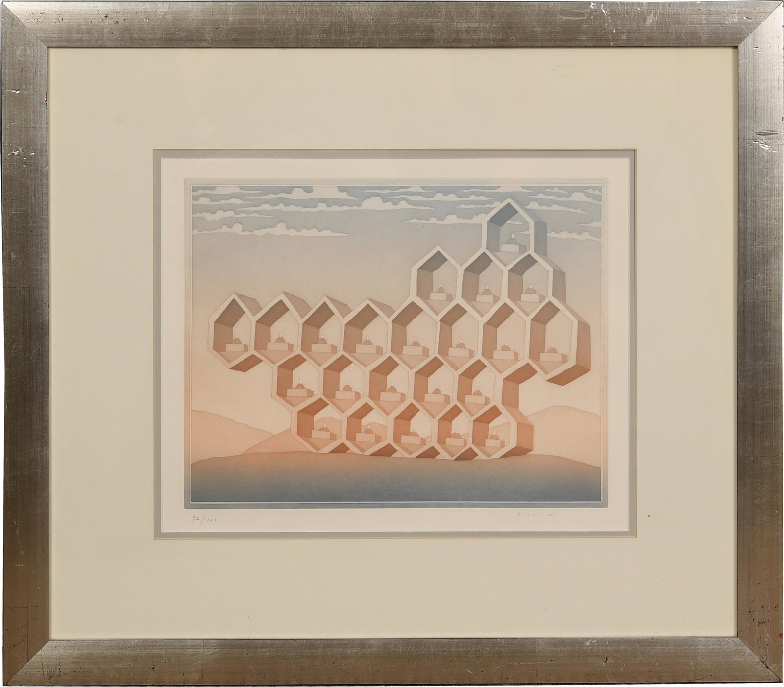 Jean-Michel Folon Signed Aquatint Etching: Jean-Michel Folon (Belgian, 1934-2005), play on business cubical practices by using bee hive metaphor. Signed and numbered in pencil. Verso has framing company and inspection instructions. Dimensions: