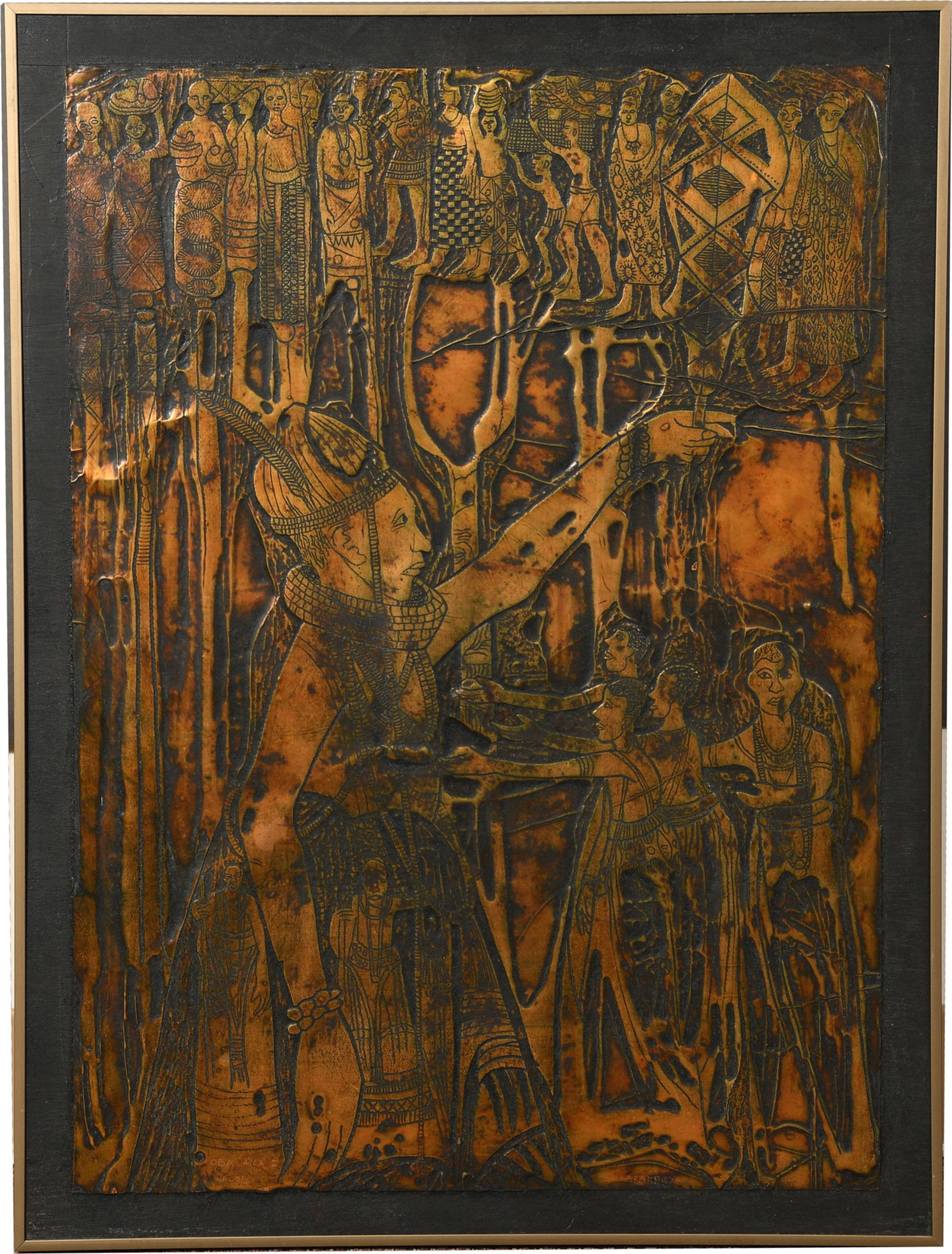 Bruce Onobrakpeya, Metal Etching "Oba Akai", AP: Bruce Onobrakpeya (Nigeria, b. 1932) metal foil etching titled "Oba Akai" signed and numbered AP 3/10. Verso has pencil written information of purchase by Ambassador Clark and artist information. Dime