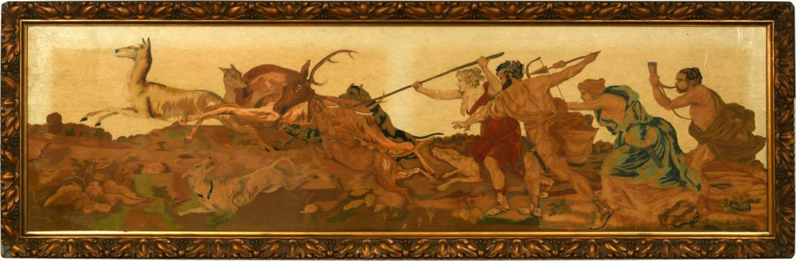 "Diana at the Stag Hunt" Silk Tapestry, 19th Century: Finely detailed silk tapestry after a painting by Peter Paul Rubens. Dimensions: 20 inches tall X 62 1/4 inches wide; 50.8 cm tall X 158.11 cm wide. All measurements are approximate. Condition: Frame 