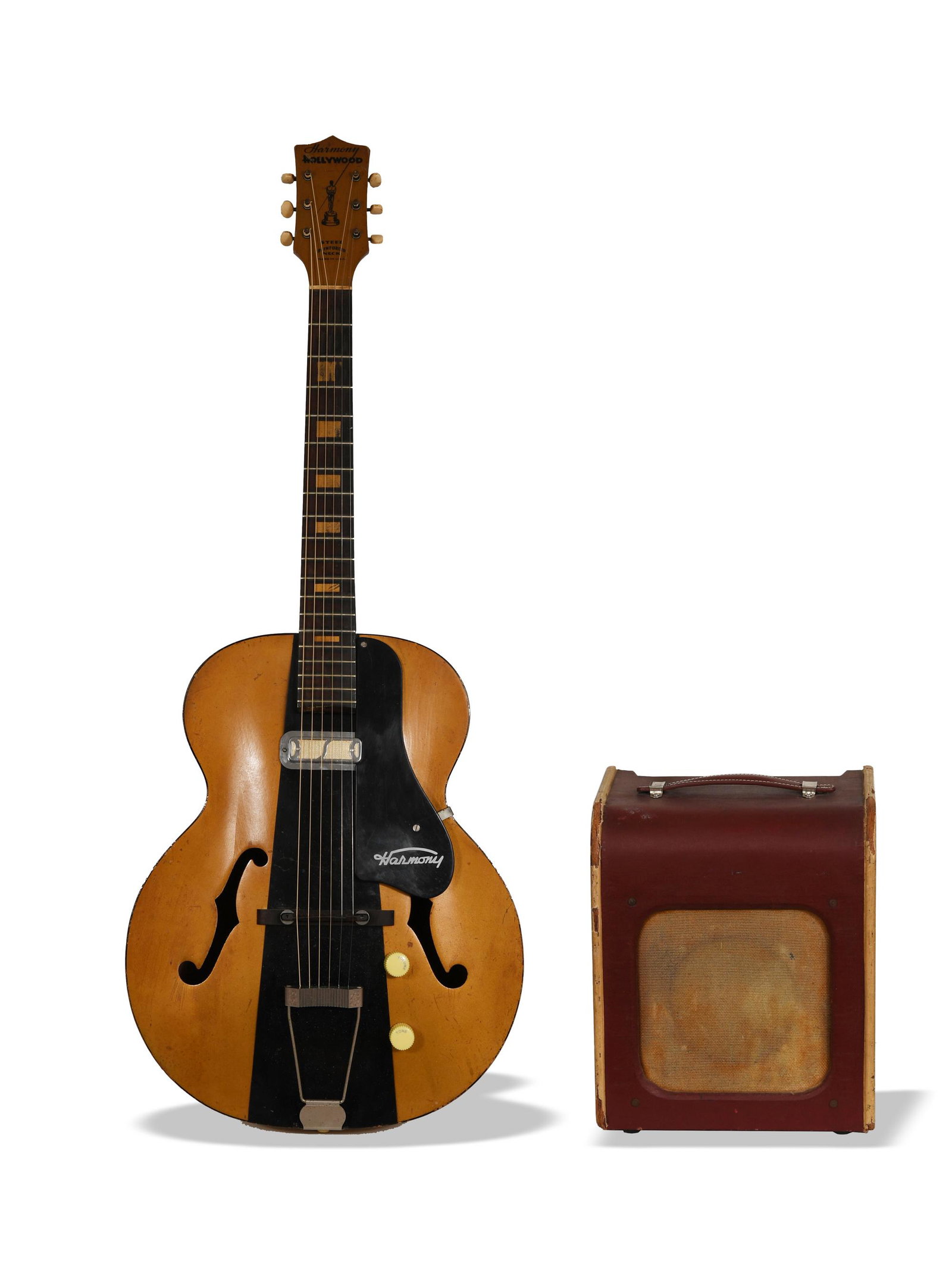 Harmony Hollywood H39 and H-191 Tube Amp: Harmony Hollywood guitar with case. Original H39 guitar just had a $500 restoration with vintage Gibson tailpiece, installed 2 new steel rods to straighten neck and all new frets, bridge, etc. Plays g