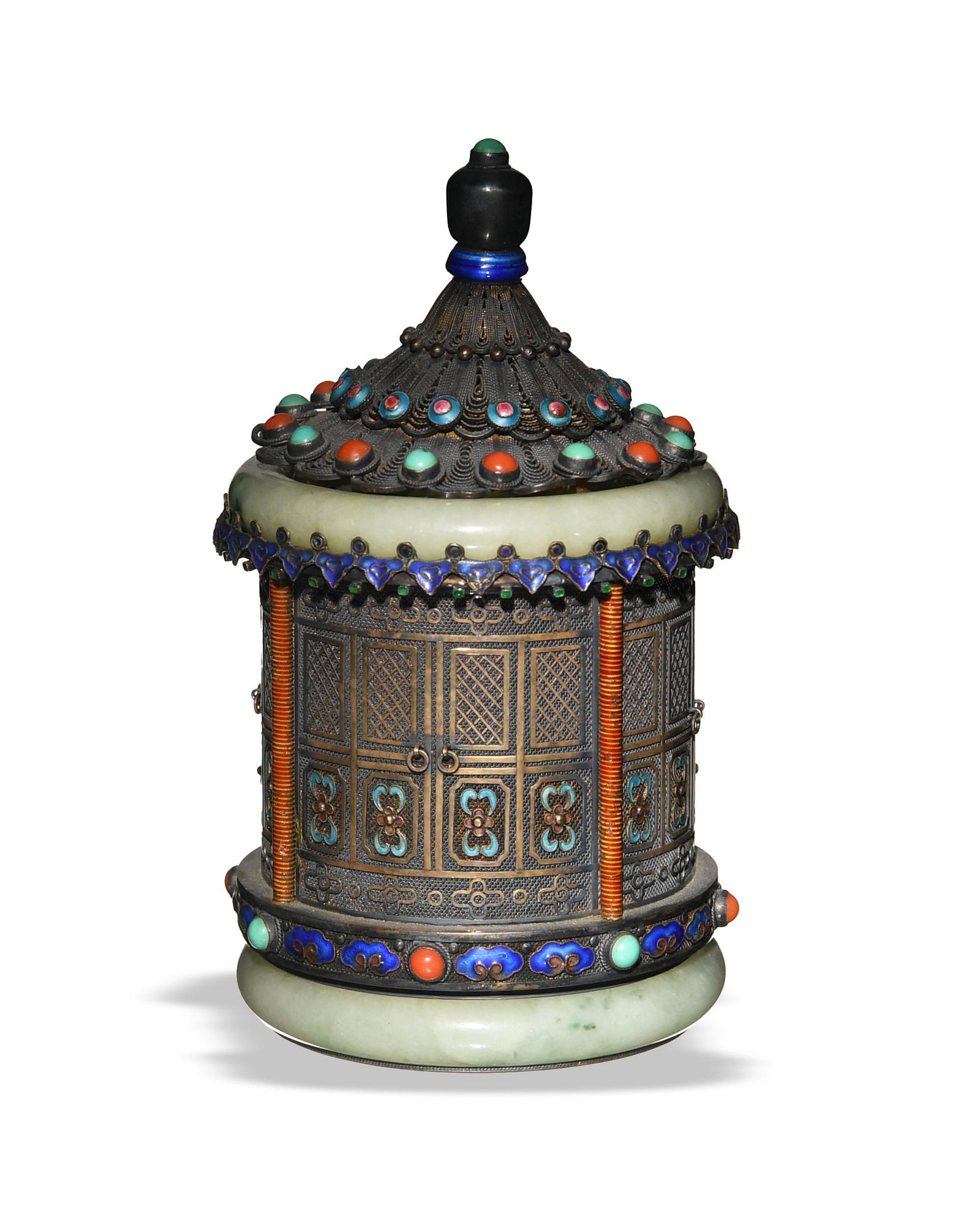 Chinese Inlaid Silver Box with Jadeite: A Chinese silver pagoda box with jadeite and precious stone inlays. The cylindrical box resembles a pagoda with the silver details on the sides resembling doors and the lid resembling a shingled roof.