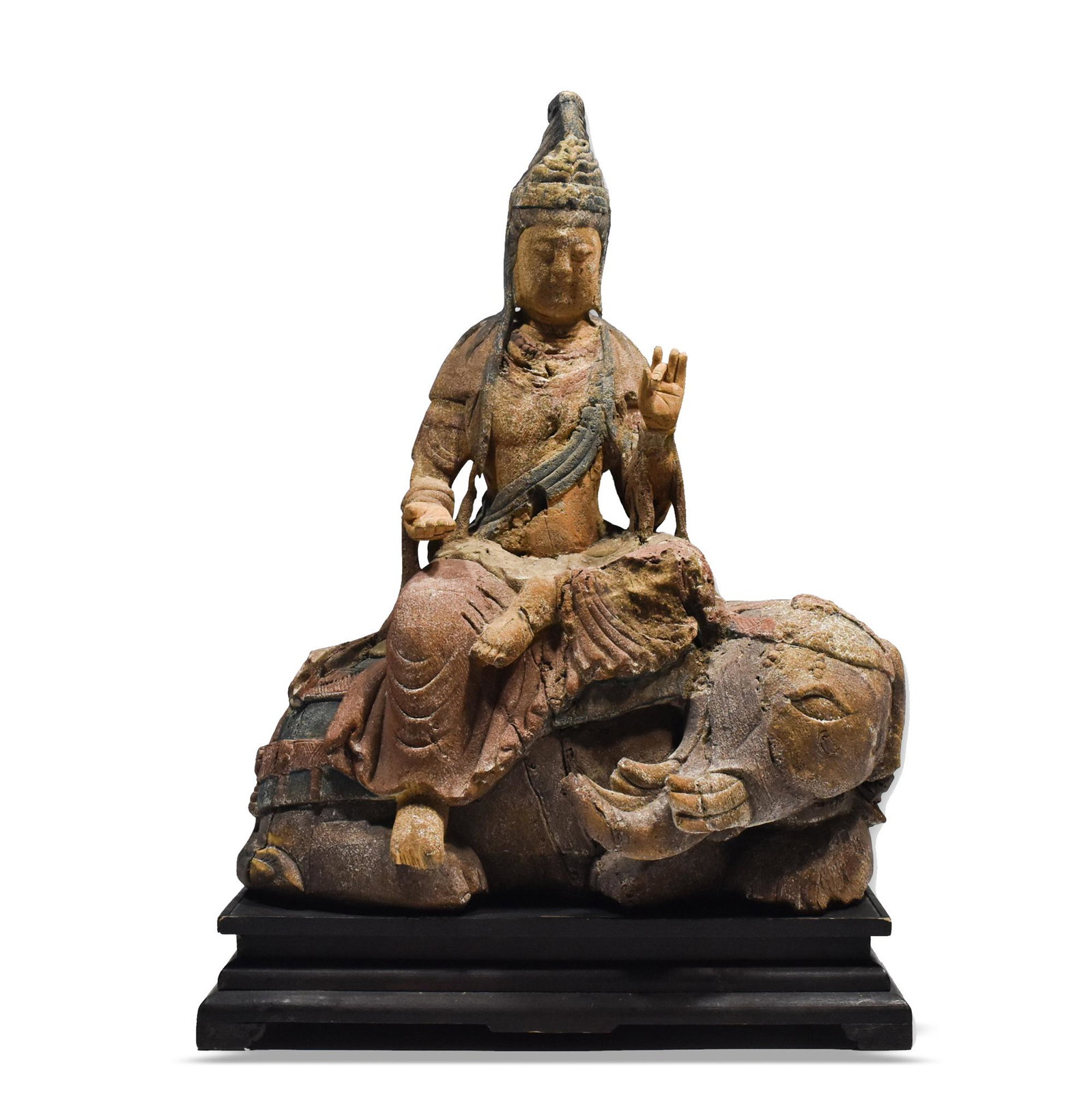 Chinese Carved Wood Guanyin, Modern: Modern carved statue of Guanyin sitting on a mythical beast and distressed to appear older. Statue comes with stand. Dimensions: 21 1/4 inches tall X 15 1/8 inches wide; 53.9 cm tall X 38.4 cm wide. A