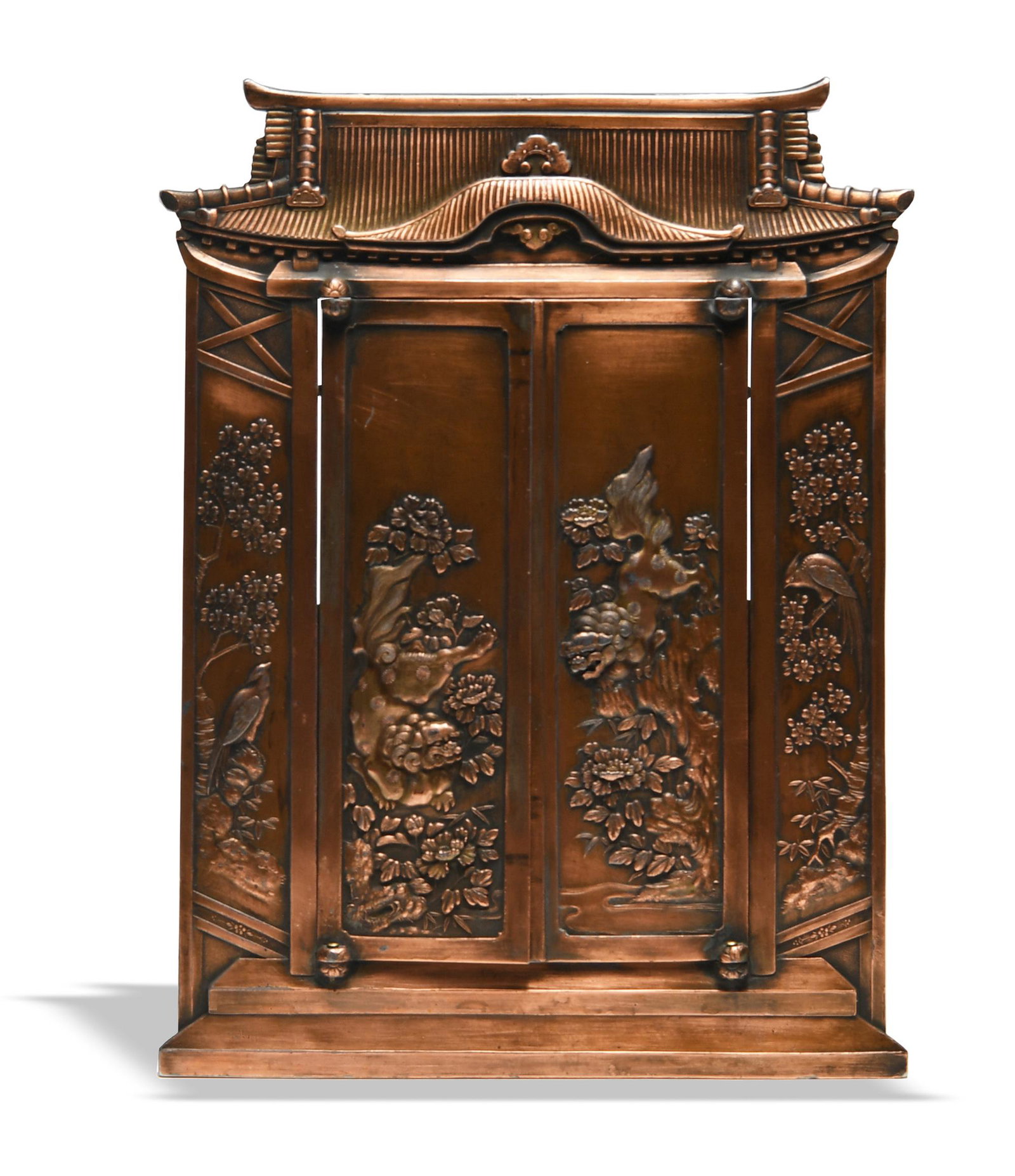 Japanese Copper Flashed Cast Bronze Frame: Finely detailed casting in the form of a temple front, with each panel having a different scene, late Meiji. Outer temple scene has phoenix on the far right and left panels with lion dogs on the two c