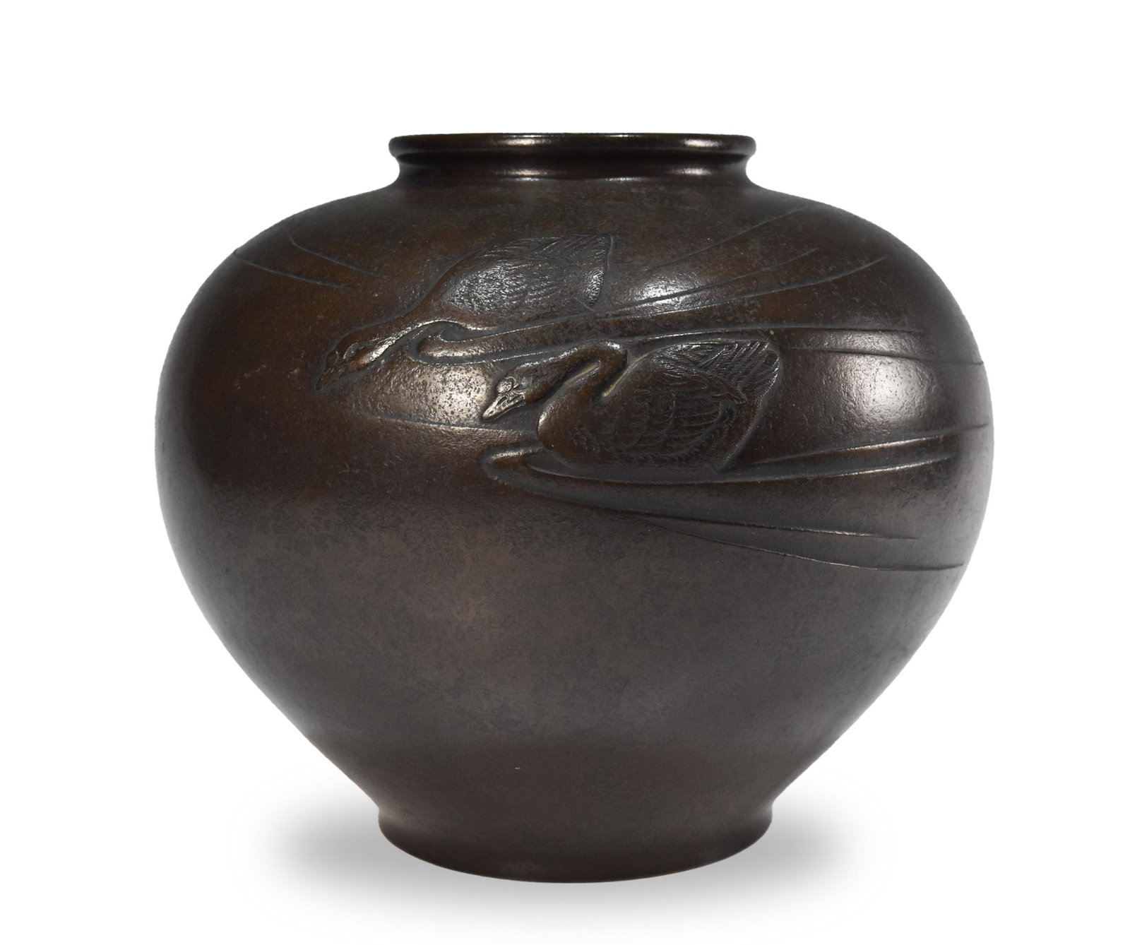 Japanese Bronze Vase with Carved Ducks, Meiji: A Japanese bronze vase carved with ducks dating from the Meiji period. The ducks have eyes inlaid with silver. The shape of the vase is bulbous with a narrow mouth, and there are some areas of red pat