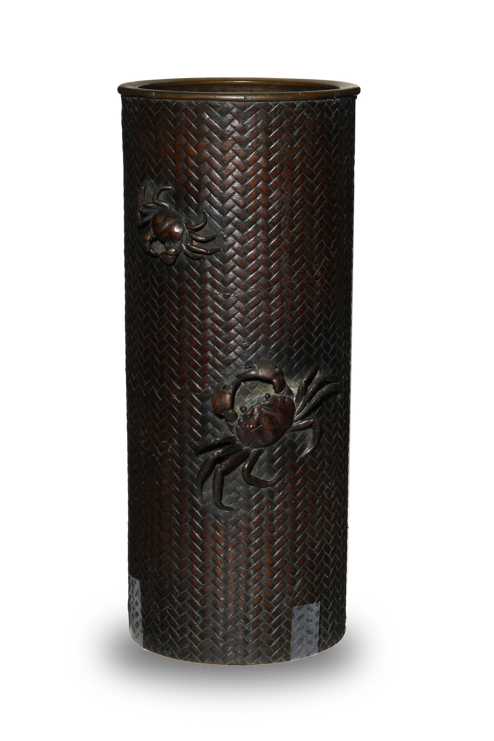 Japanese Bronze Vase with Crabs, Late Edo or Meiji: A Japanese bronze vase with two crabs dating from the late Edo or Meiji periods. The crabs sit in relief on the exterior of the tall, cylindrical vase on a woven bamboo mat relief ground. Dimensions a