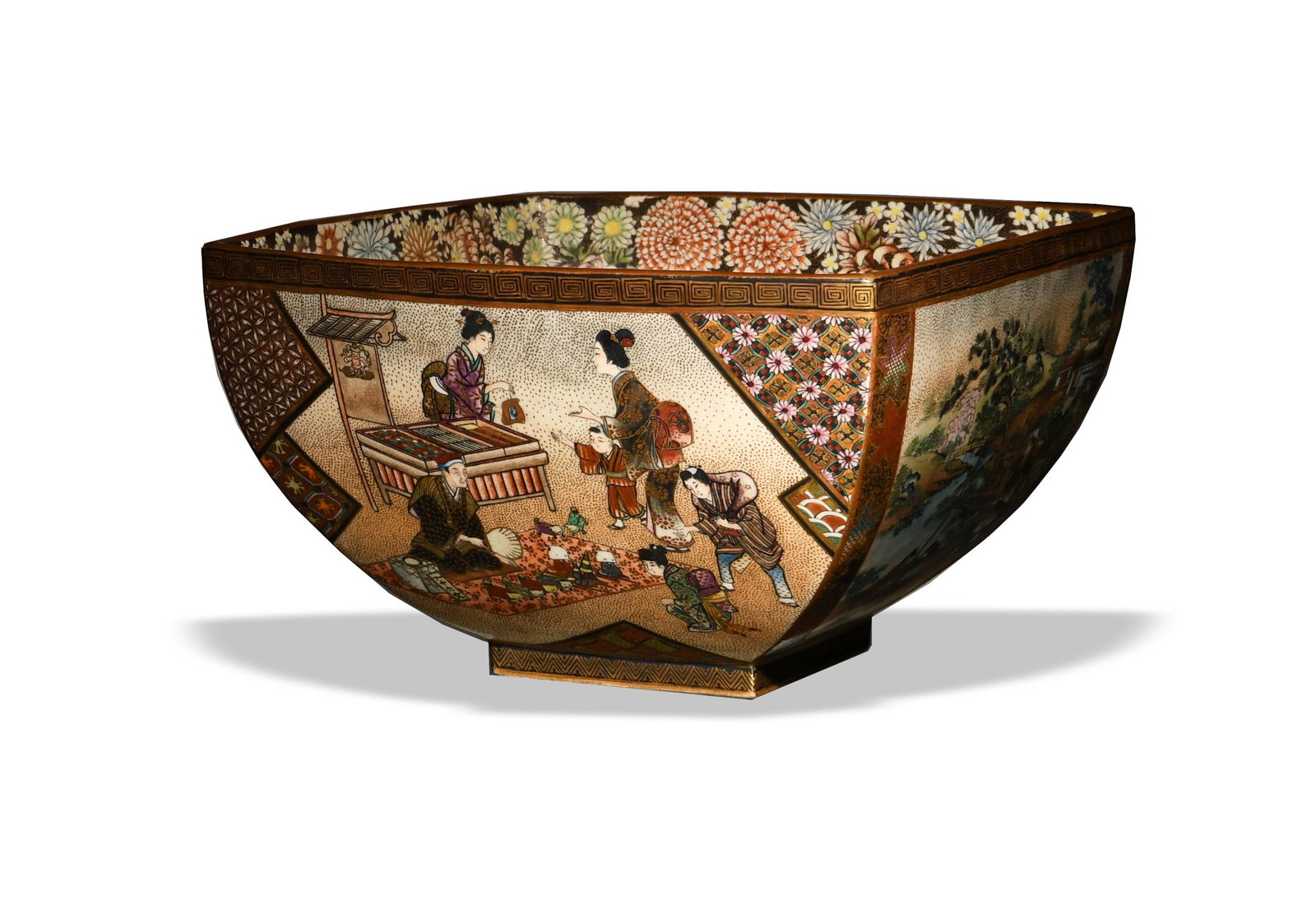 Fine Japanese Shimazu, Yasuda Satsuma Bowl, Meiji: Very finely decorated Satsuma bowl from the Meiji era with the Shimazu clam mon and Yasuda trademark. Interior of bowl is decorated with peony and other flowers with a pointed gilt background. Exterio