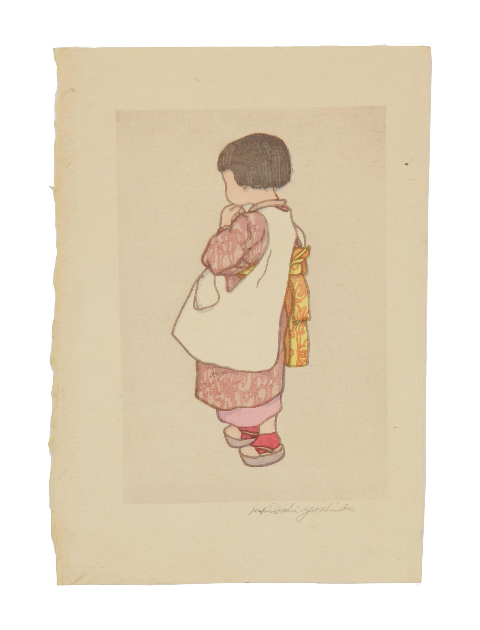Japanese Woodblock Print by Hiroshi Yoshida: Hiroshi Yoshida (Japanese, 1876-1950) woodblock print of a young girl wearing a smock titled "Little Girl," 1927. Artist signature to bottom right. Dimensions: the print measures 5 7/8 inches tall X 4