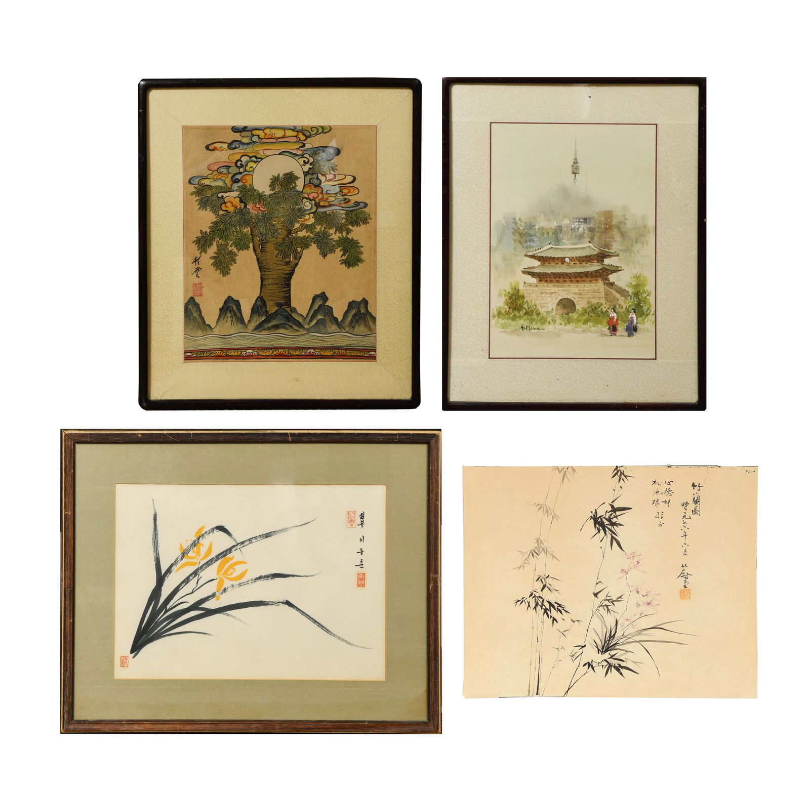4 Asian Paintings: Lot includes painting of Korean Sungnyemun Gate and Seoul Tower. Painting of bamboo and orchid. Painting of orchids by Lee Dung Huen. Painting of a large tree growing over mountains. Three paintings h
