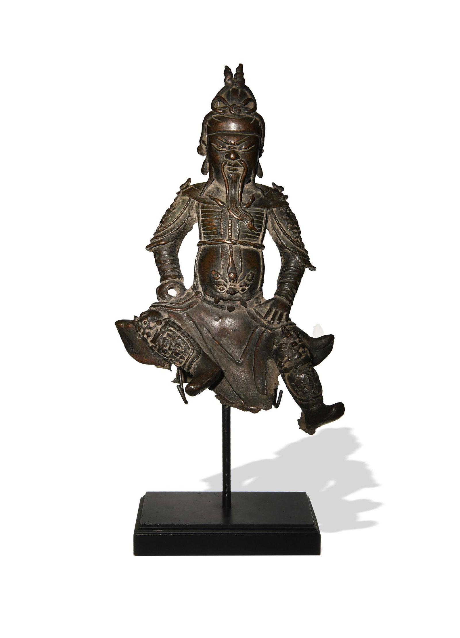 Chinese Bronze Statue of Guangong, Ming Dynasty: A Chinese bronze statue of Guangong in his military aspect dating from the Ming dynasty with a wire stand. Guangong is seated wearing armor. Dimensions are: 8 1/4 inches tall X 5 inches wide, 21 cm X 