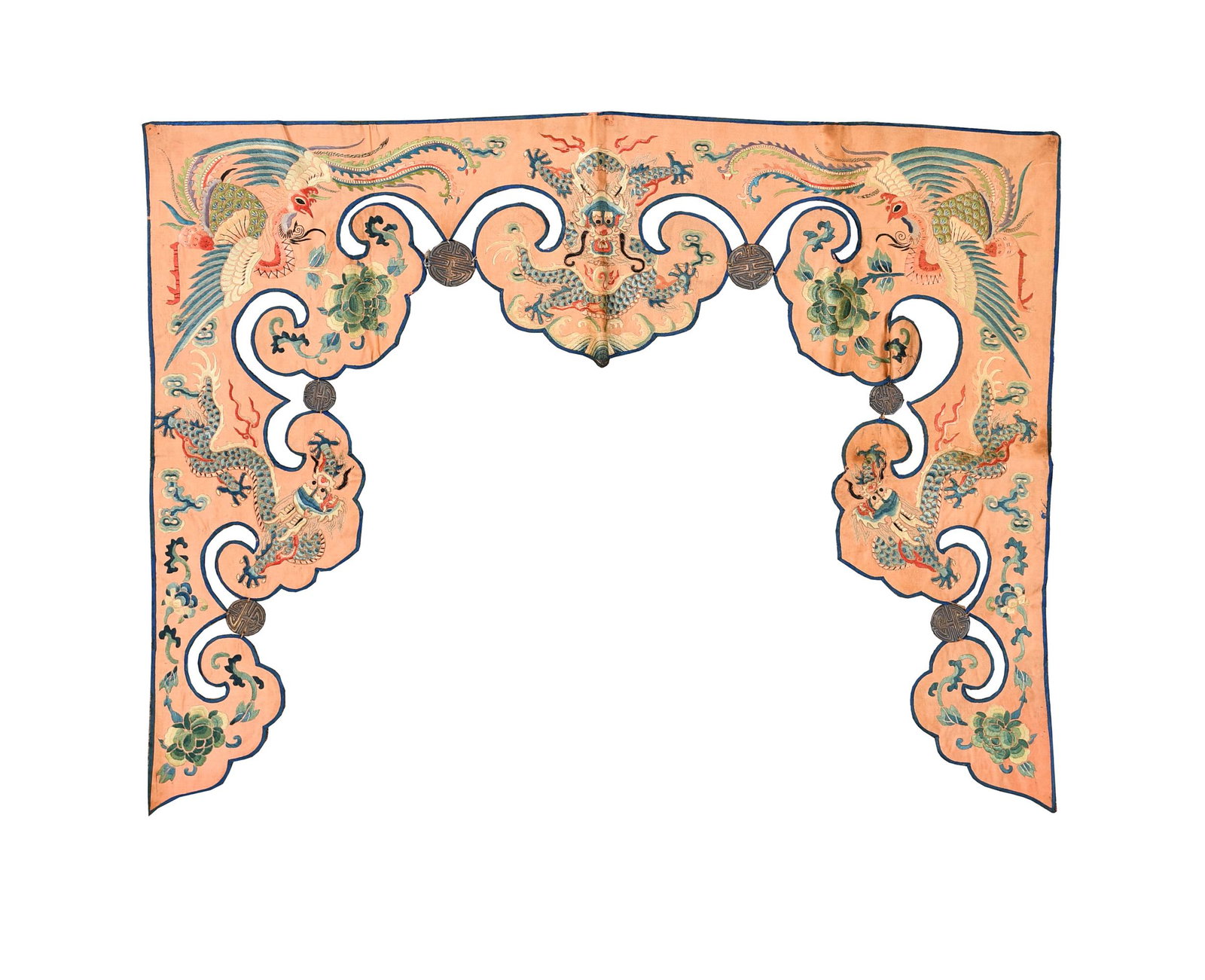 Chinese Embroidered Silk Drapery, 19th Century: A Chinese embroidered silk drapery with metal Shou medallion elements dating from the 19th century. The yellow-ground drapery is shaped roughly like a three-sided square with ruyi-shaped cut-outs. It 