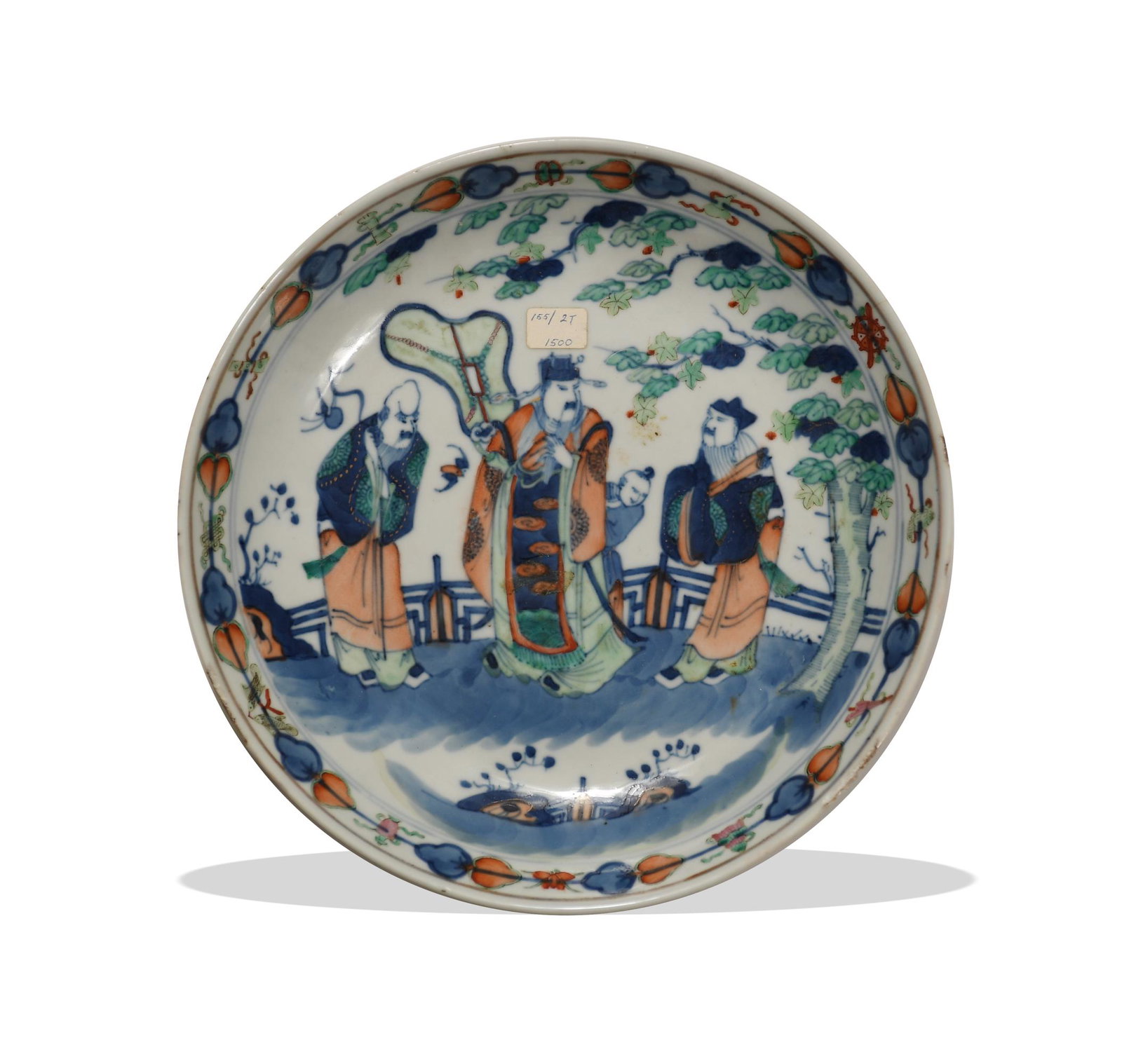 Chinese Doucai Plate with the Sanxing, Guangxu: A Chinese doucai plate depicting the Sanxing in a garden scene with a 6-character mark of Guangxu and of the period. The interior has a border with the eight Buddhist emblems. The exterior has four ba