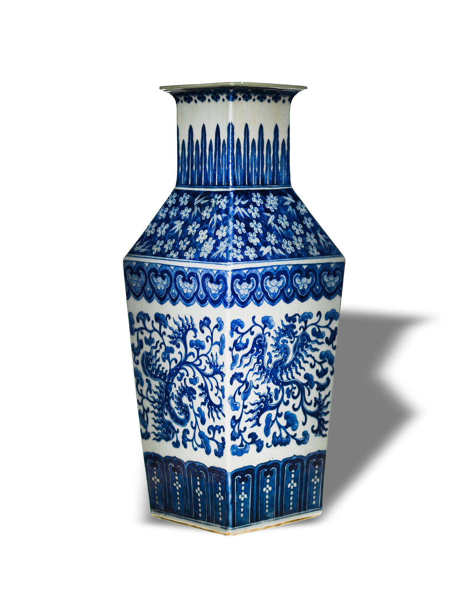 Chinese Blue and White Square Vase, Early 19th Century: A Chinese blue and white square floor vase dating from the early 19th century. It features beast and lingzhi tracery framed by bands of ruyi and stylized leaves. It comes with a certificate from the C