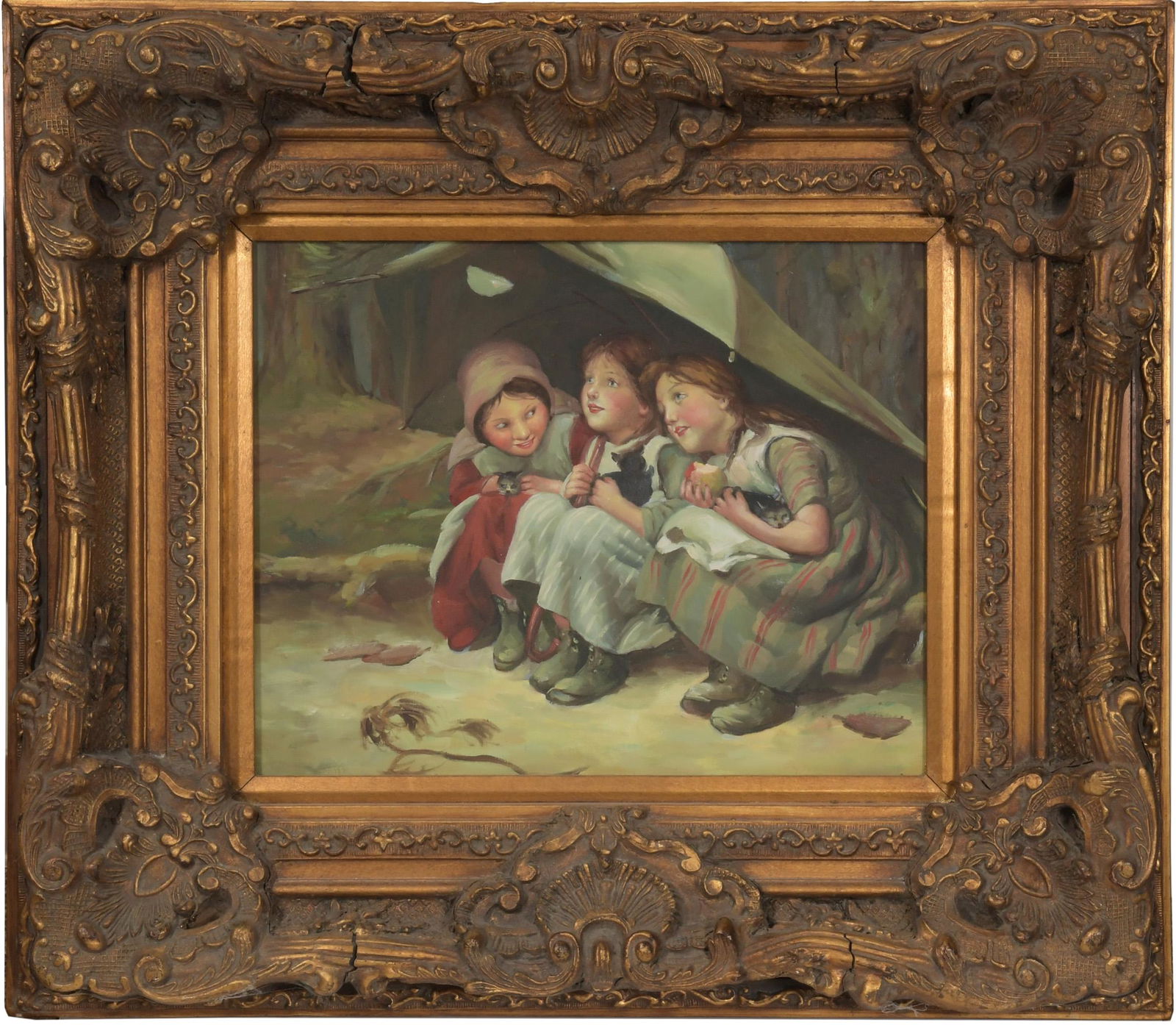 Oil on Canvas of Three Young Girls with Kittens (1 of 5)