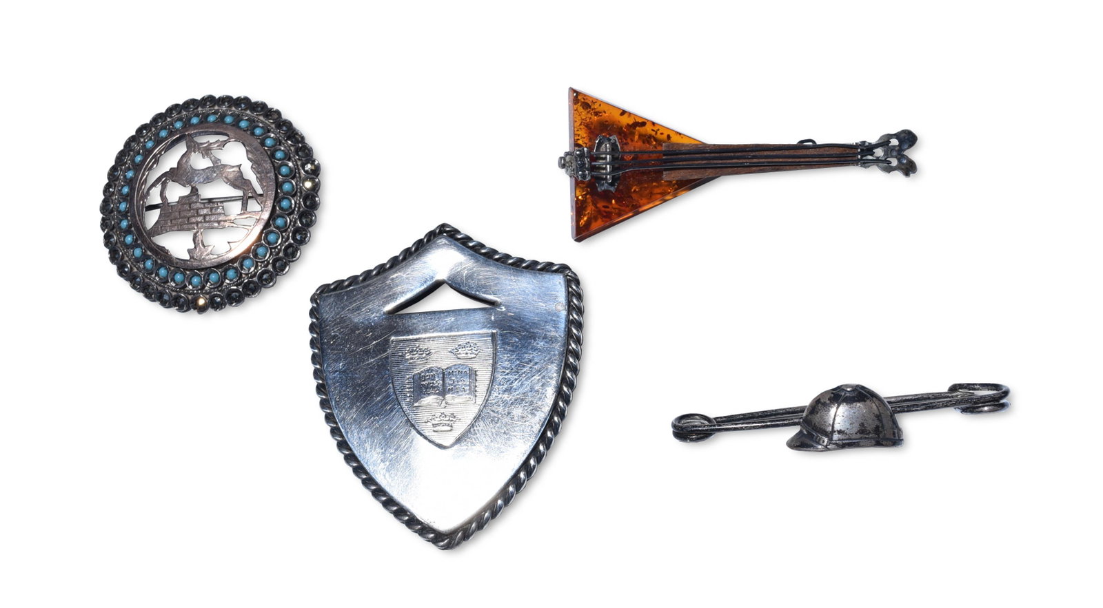4 Sterling Jewelry, inc. Univ. of Oxford Crest: Late Victorian or Edwardian period University of Oxford 'Coat of Arms' sterling pin with monograms on back. Deer jumping brick wall in sterling, turquoise and marcasite brooch with gold wash stamped 0