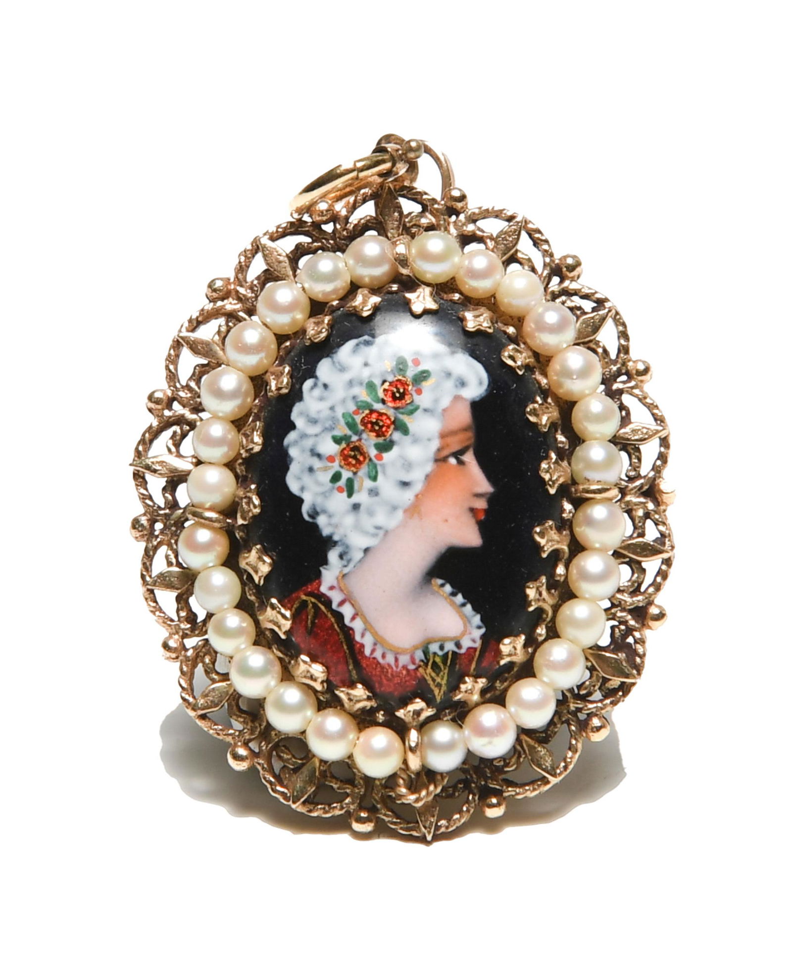 French 14K Gold, Seed Pearl and Porcelain Cameo (1 of 6)