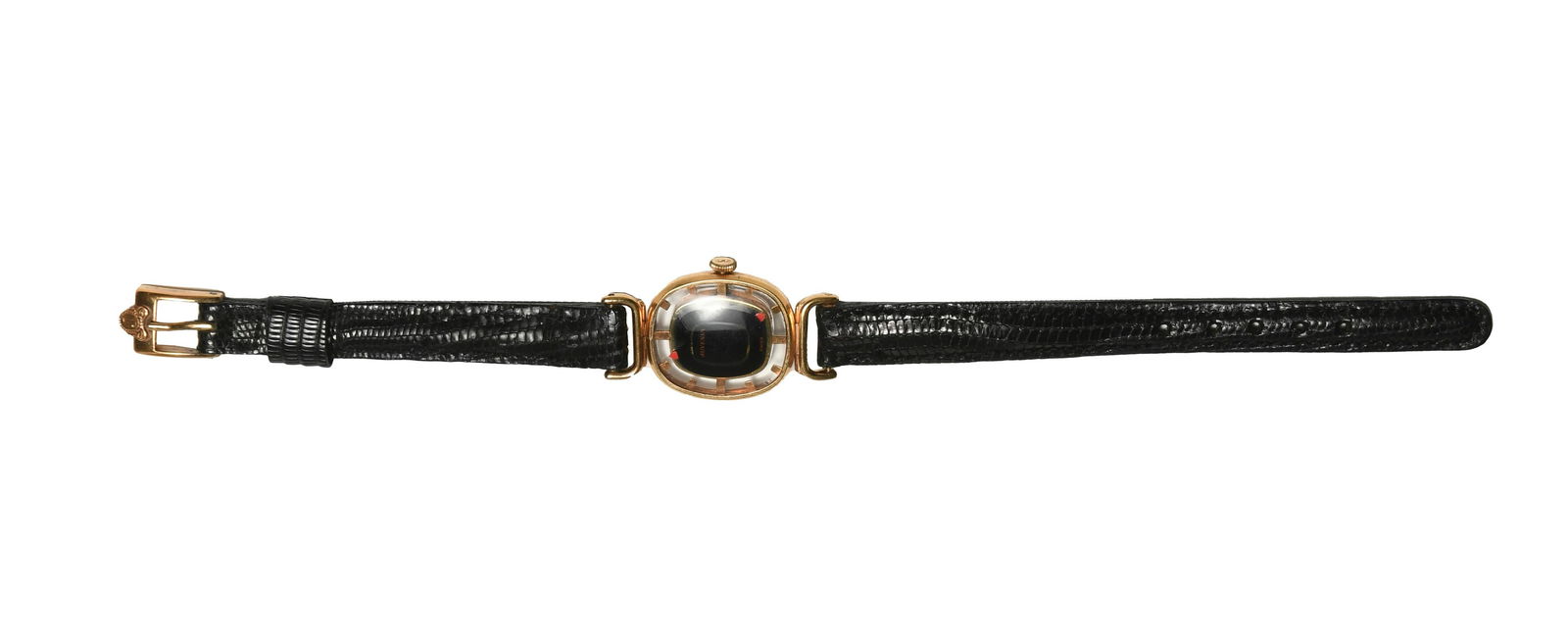 Cased Juvenia Mystere Ladies Wristwatch: 17J, mechanical movement, gold plated case, original lizard leather band. Clear back allows view into the mechanical workings. Buckle marked with uppercase J. Dimensions are: 8 inches long X 7/8 inch