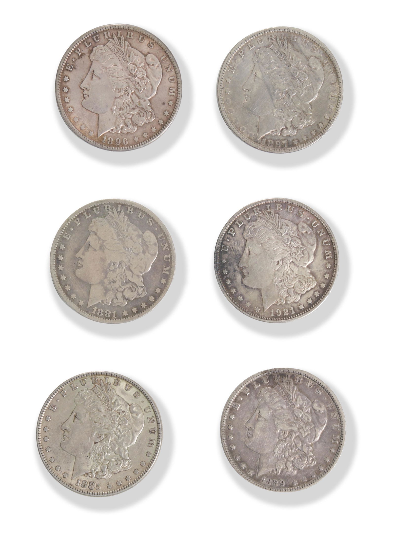 6 Morgan Silver Dollars, 1881 - 1921 (1 of 6)
