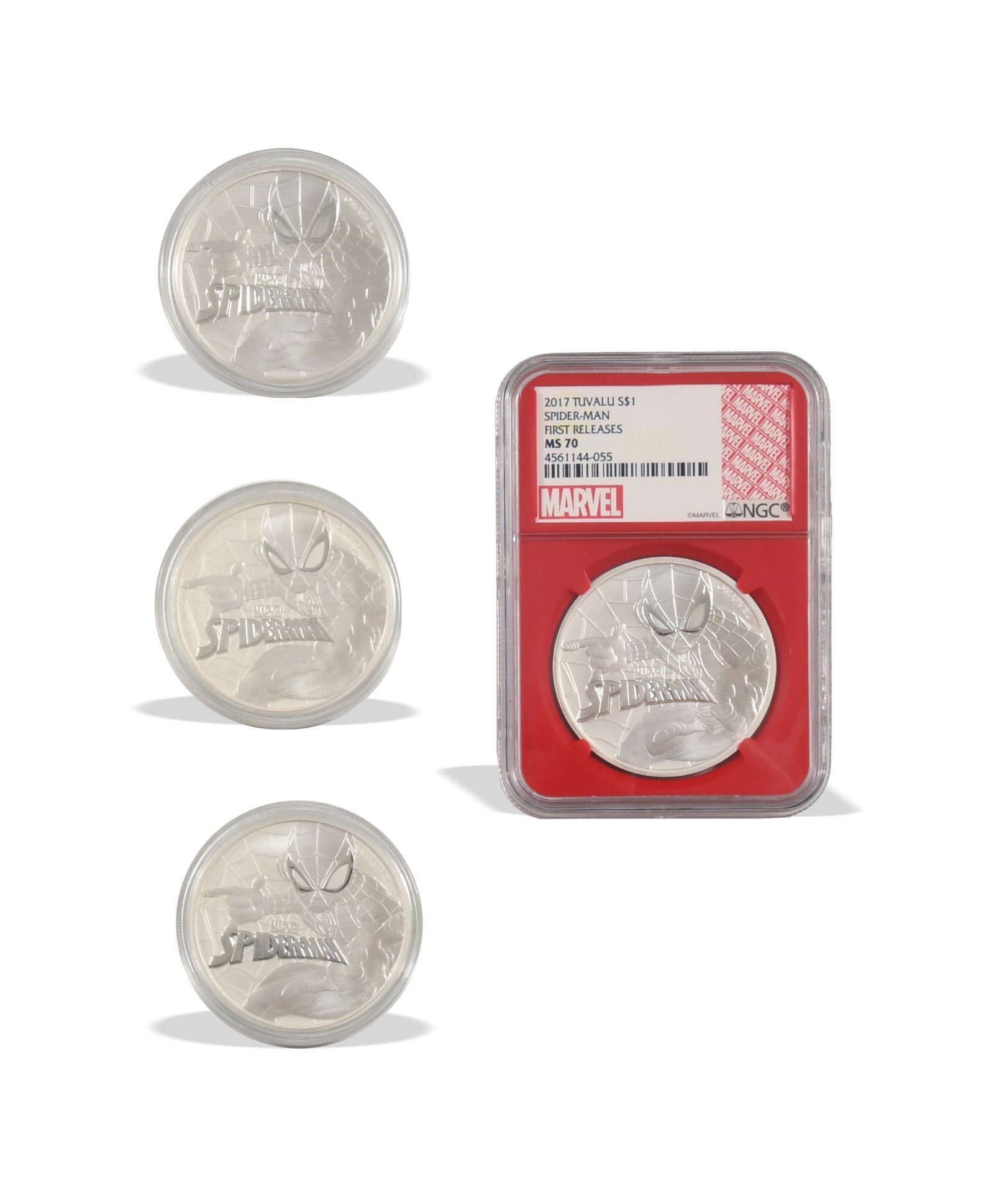 4 2017 Tuvalu Spiderman Silver Dollars Inc. SP70: Spiderman Silver dollar coins from Tuvalu. Spiderman and Marvel logo on one side with Queen Elizabeth II's image, origin of coin and weight information on the reverse. Total weight: 113.39 grams (3.64