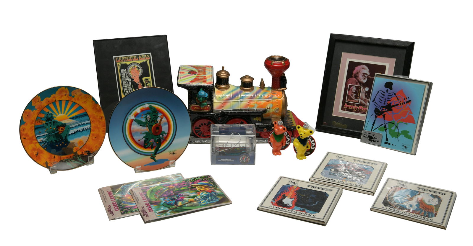 13, Vandor Grateful Dead Cookie Jar & More: Vandor Grateful Dead train cookie jar in original box #968/4800. Comes with signed Bob Masse concert poster print, collectible trivets, blown glass Christmas ornament, two dancing bear ornaments, two