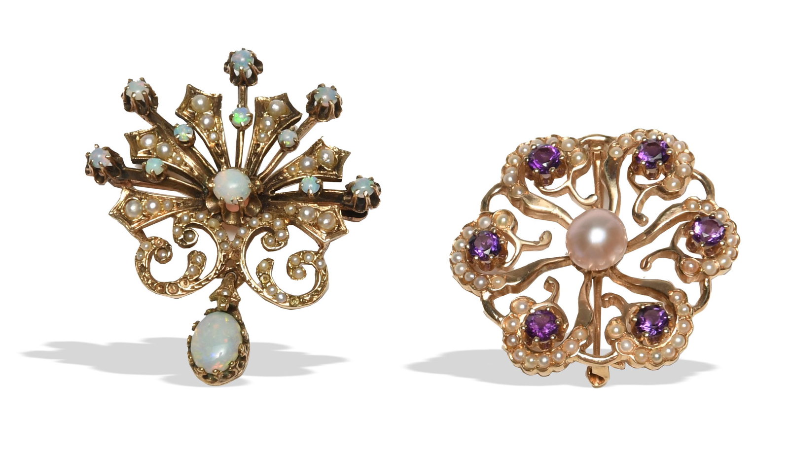 2, 14K Gold Brooches with Amethyst, Opal & Pearls (1 of 4)