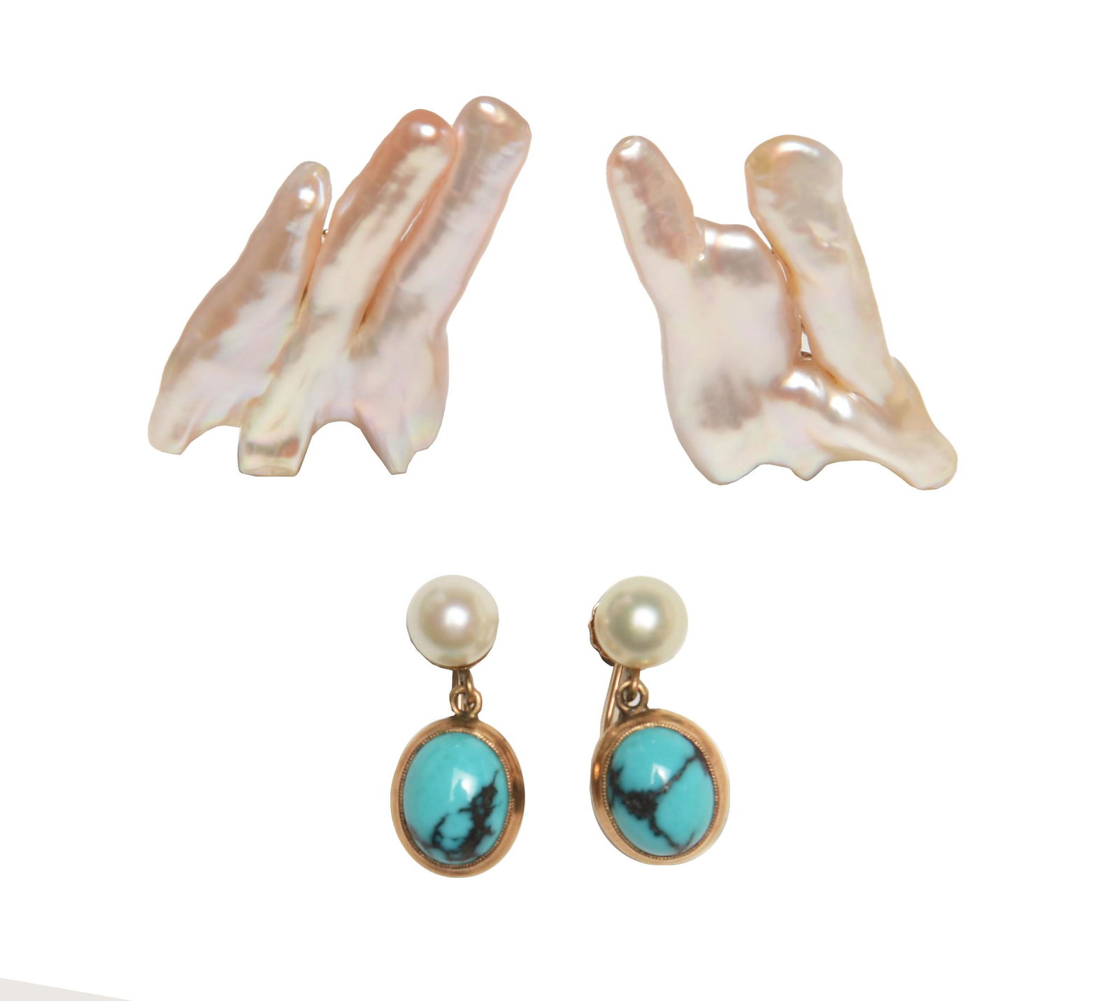 2 Pair 14K Gold, Pearl & Turquoise Earrings (1 of 11)