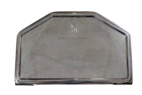 Reed & Barton Silverplate Baby Highchair Tray: Circa 1940, back mark with Trylon and Perisphere symbol, Embossed rabbit and engraved name: Frederick William Clark. Possibly sold at the 1939-40 NYWF. Dimensions: 3/8 inch tall X 15 5/16 inches wide