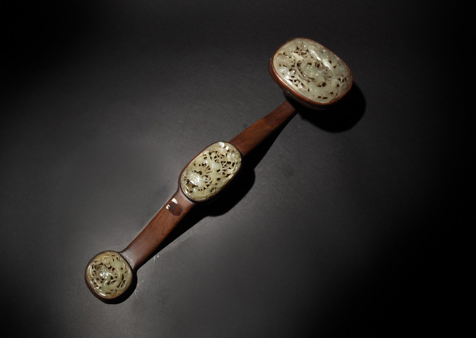 Chinese Ruyi Wand with 3 Ming Jades (1 of 6)