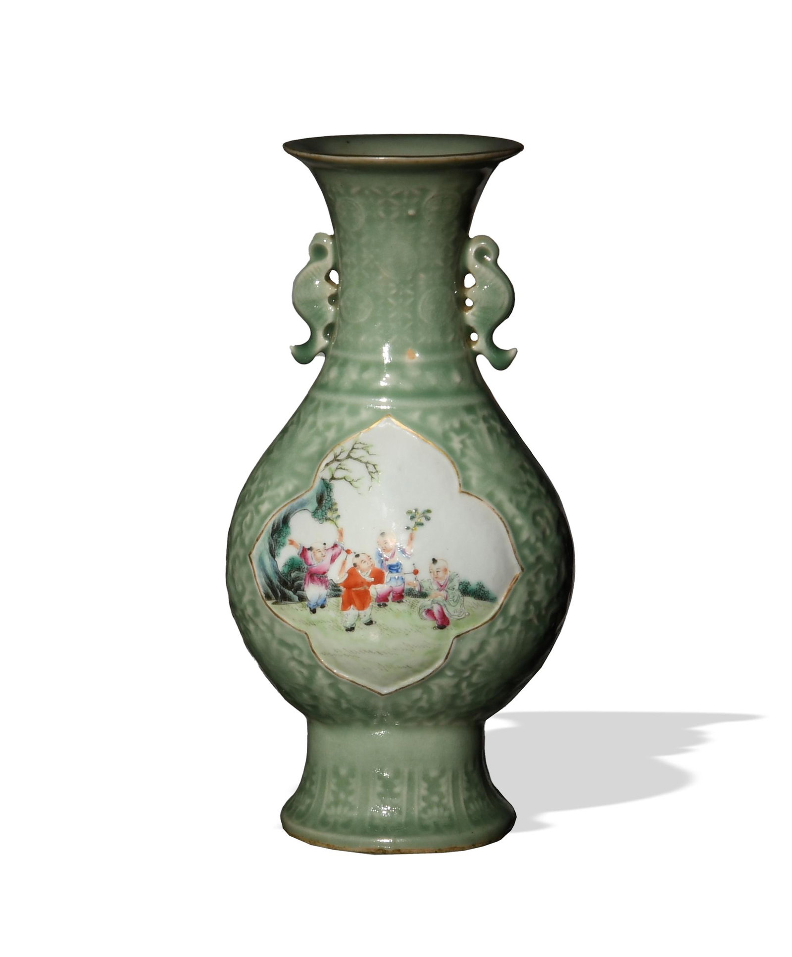 Chinese Celadon Vase with Famille Rose, Republic: A Chinese celadon ground vase dating from the Republic period with famille rose quatrefoils depicting children playing. The vase has bat handles. Dimensions are: 11 1/2 inches tall X 5 3/4 inches wide