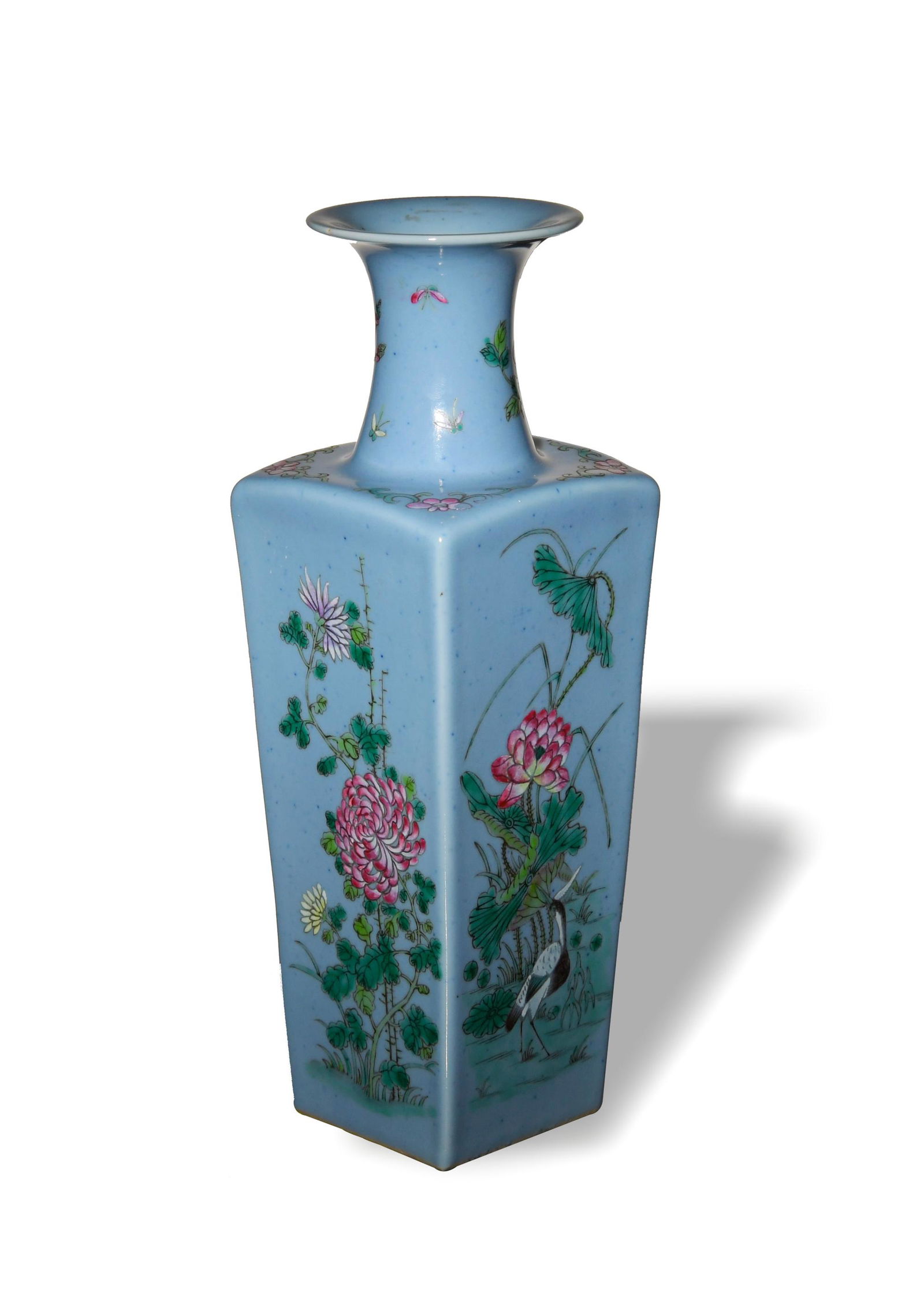 Chinese Blue Famille Rose Square Vase, Republic (1 of 9)