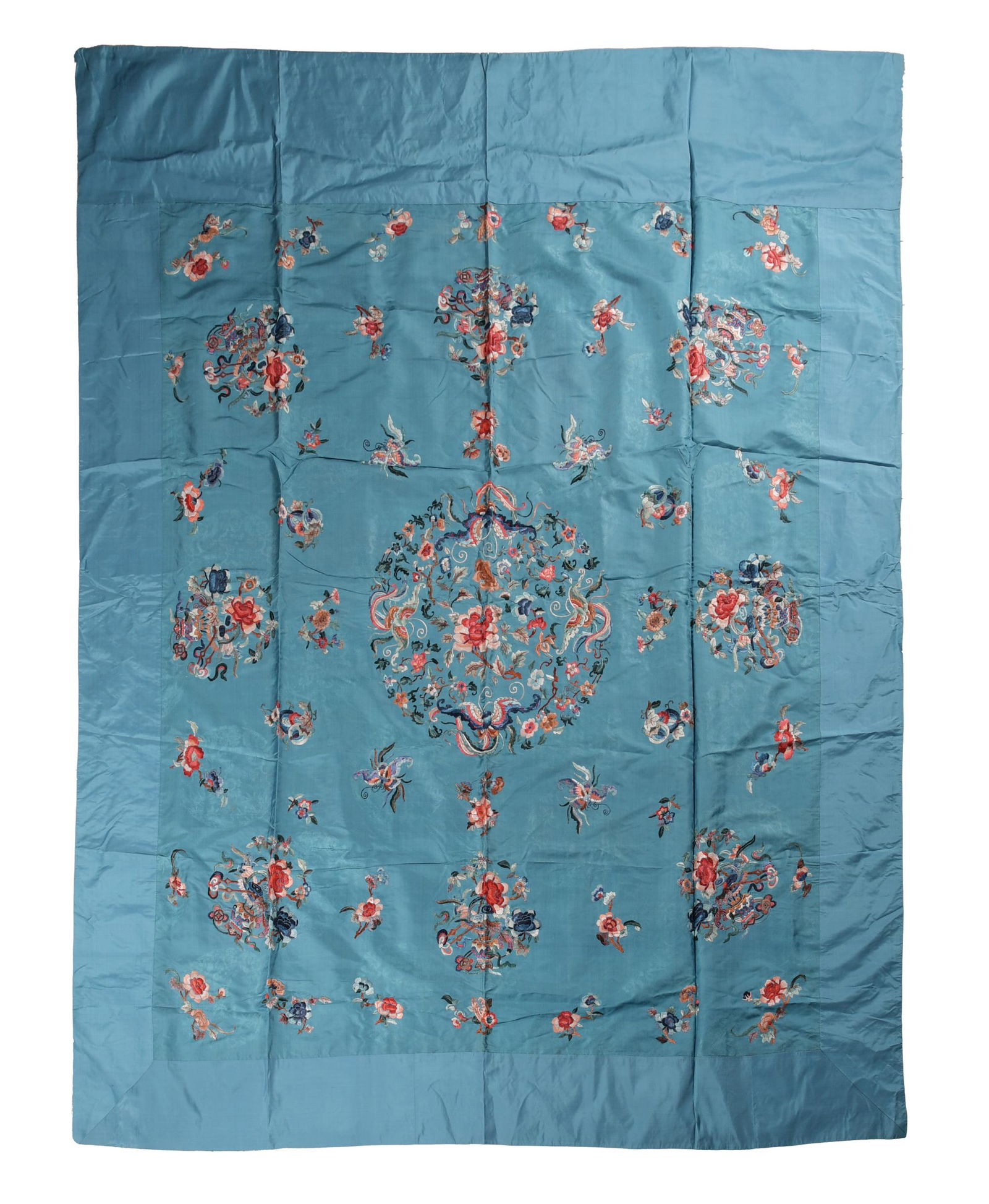 Chinese Embroidered Blue Tablecloth, 19th Century (1 of 7)