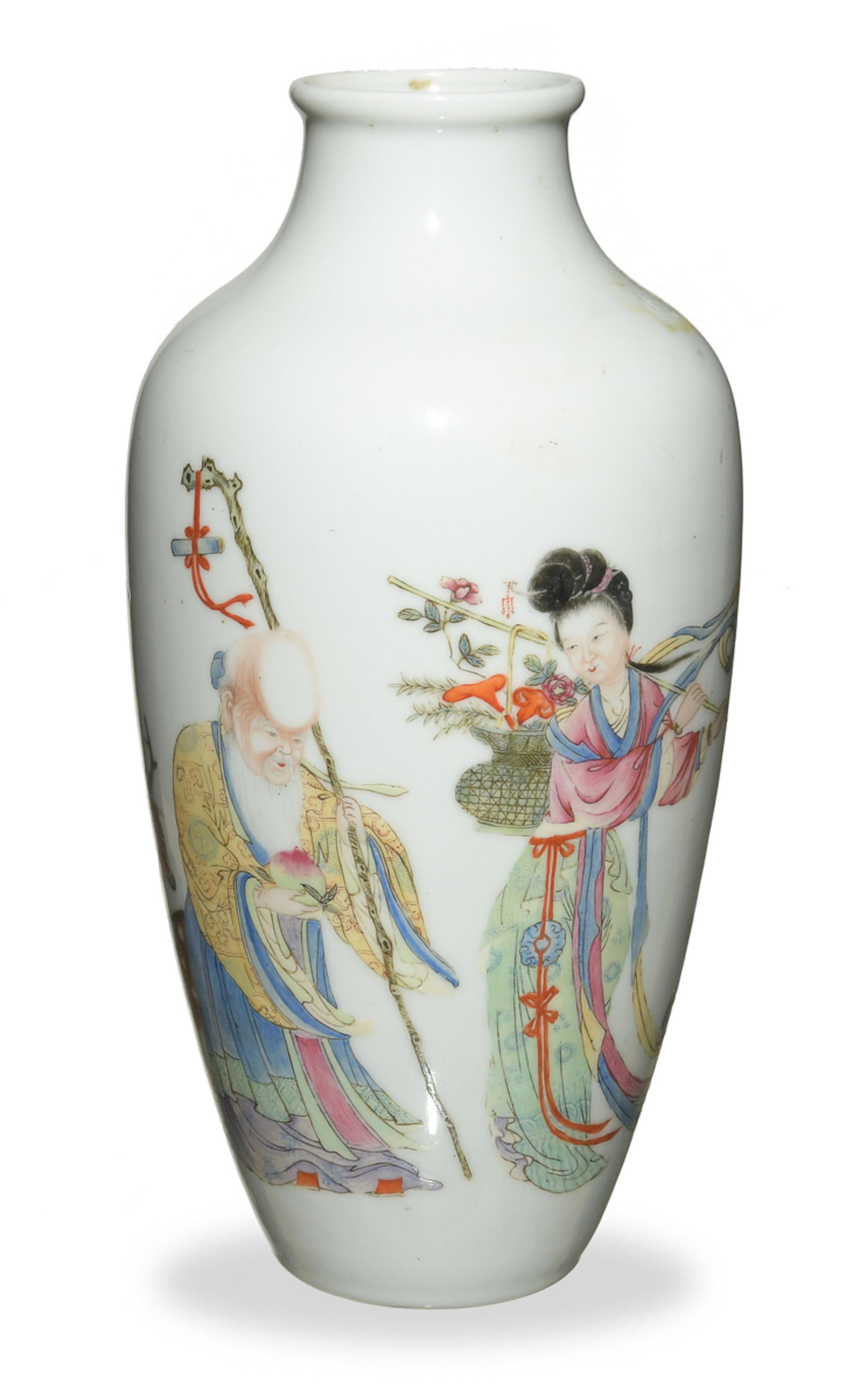 Chinese Famille Rose Vase with Shou and Magu, Republic: A Chinese famille rose vase with Shou and Magu dating from the Republic period. There is a 4-character mark on the bottom. Dimensions are: 9 1/2 inches tall X 4 3/4 inches wide, 24.1 cm tall X 12.1 cm