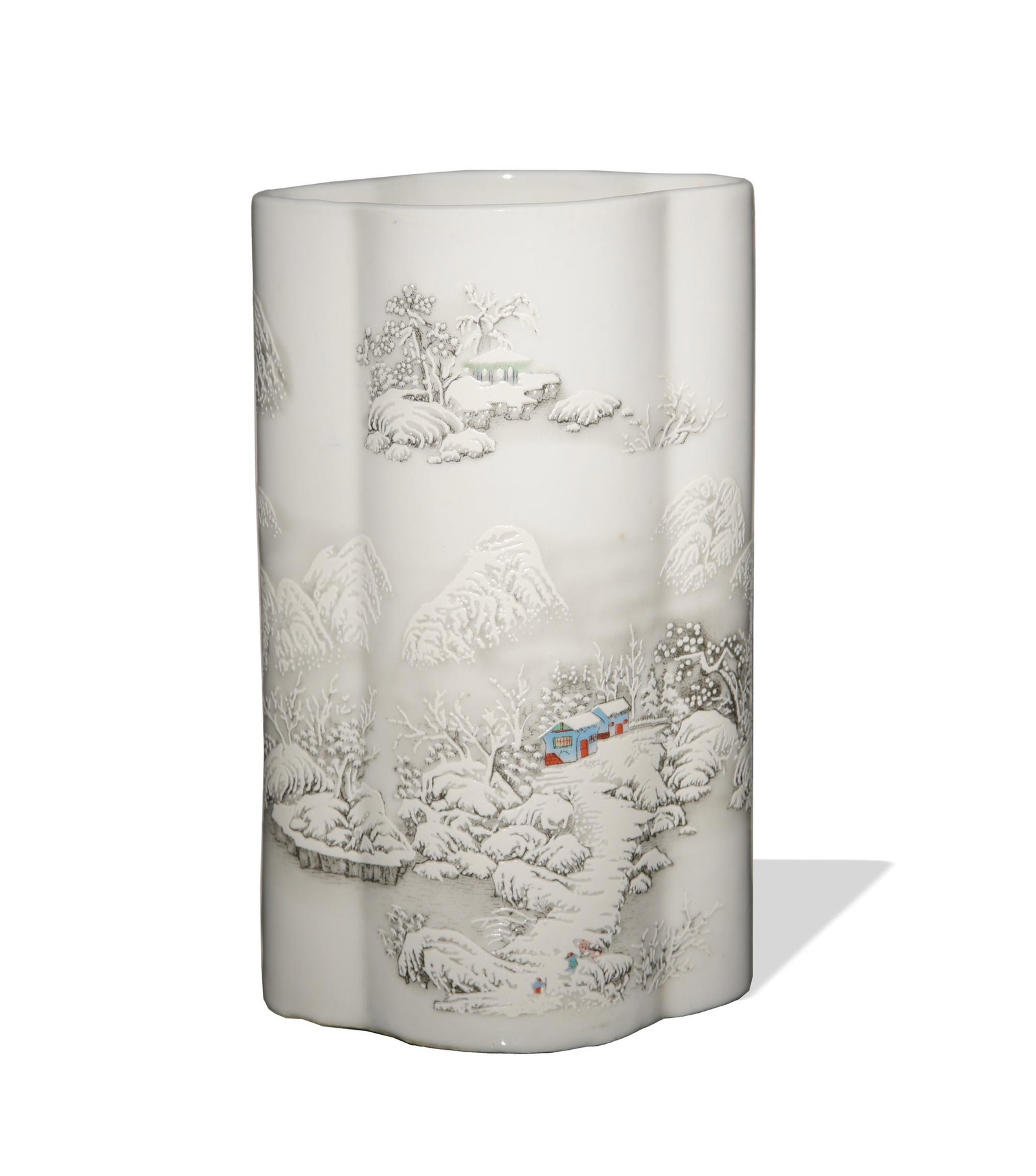 Chinese Brush Pot with Snow Scene, Mid 20th Century: A Chinese famille rose quatrefoil brush pot dating from the mid-20th century. The body depicts a snowy scene with two figures. It has an inscription and two seals, and the bottom has a 6-character mar