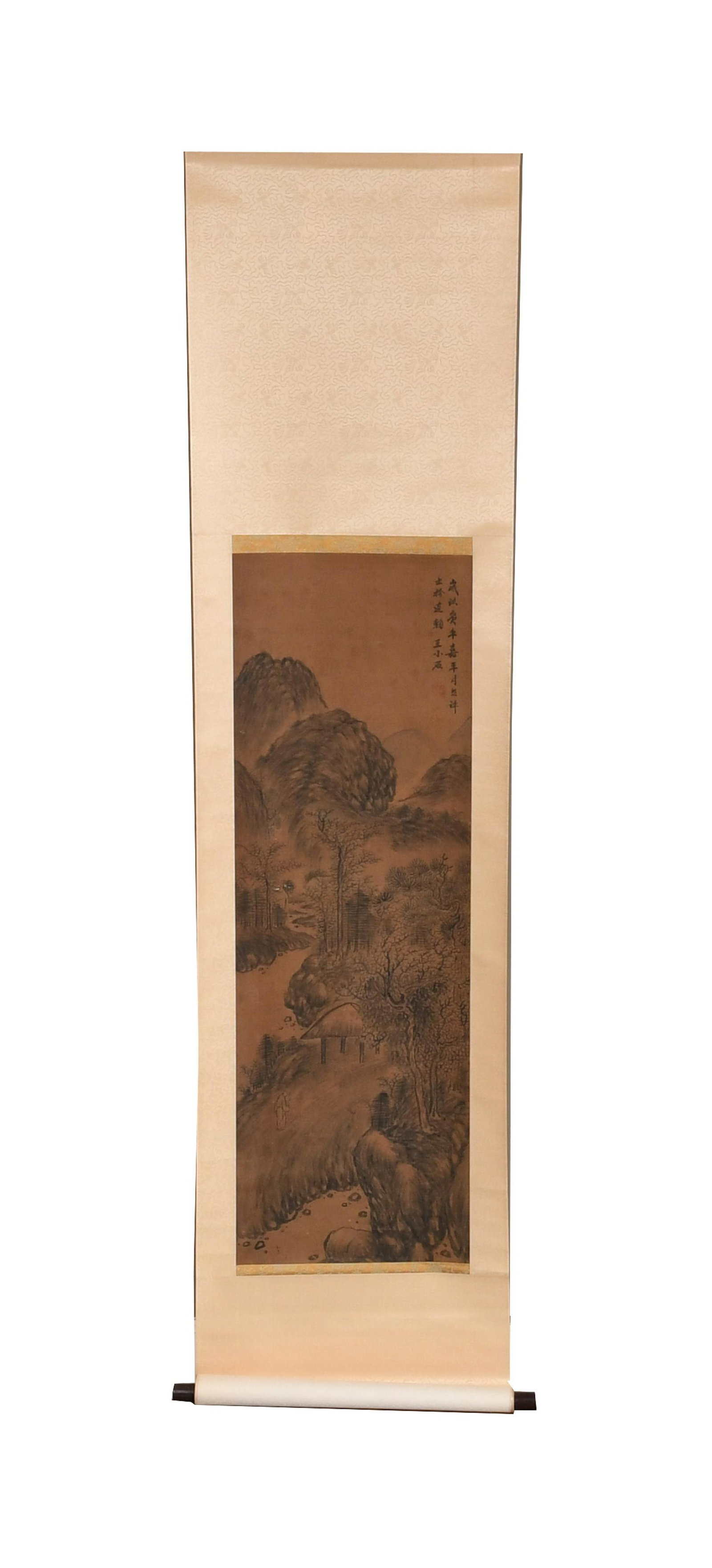 Chinese Landscape Painting by Wang Xiaoshi: A Chinese watercolor and ink painting on silk of a scholar in a landscape by Wang Xiaoshi. It has an inscription and two seals, and it is mounted on a silk backing with wooden dowels. Dimensions are: 