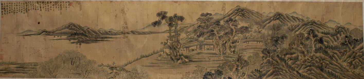 Chinese Landscape Handscroll by Tang Yifen: A Chinese watercolor and ink handscroll painting on paper by Tang Yifen. The painting depicts 6 figures in a mountain landscape with a stream, waterfall, river, and pine tree. The painting has 4 seals