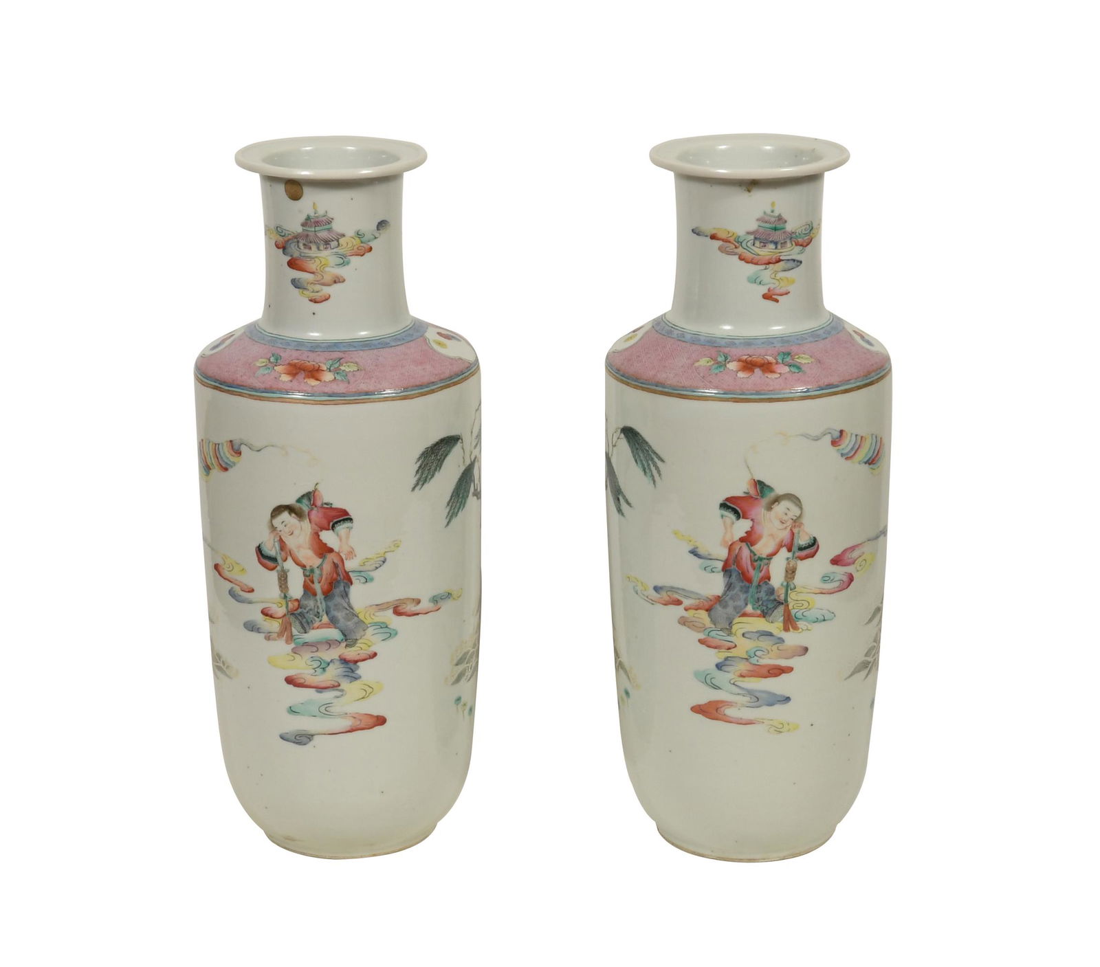 Pair of Famille Rose Rouleau Vase, Late 19 Century (1 of 11)