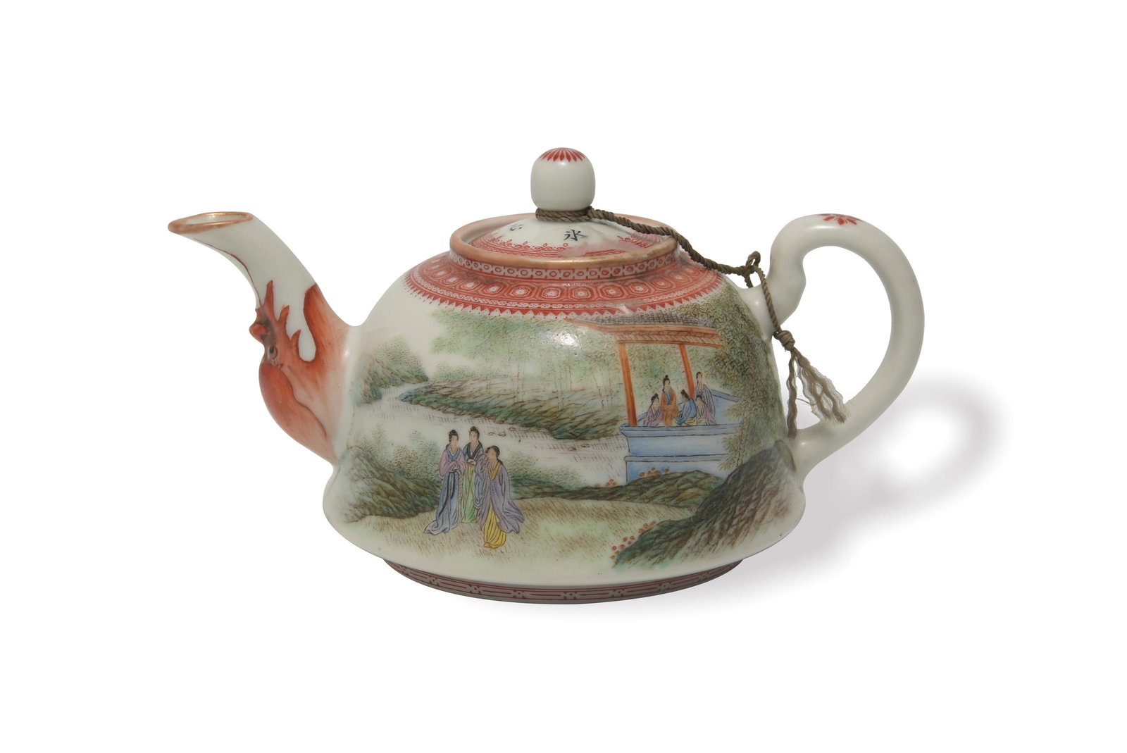 Chinese Famille Rose Teapot, Republic Period: A Chinese famille rose teapot dating from the Republic period. The lid and bottom each feature a 4-character mark. The dragon mouth is in the form of a spout, and there is an inscription to 1 side of 