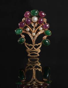 14K Gemstone Set Brooch with Jadeite, Diamonds Etc: 14K yellow gold brooch set with 19 diamonds totaling approximately .38 ctw, jadeite and amethyst cabochons pearls. Brooch is in form of a planter with flowers. Dimensions are: Weight 16.6 grams (.53oz