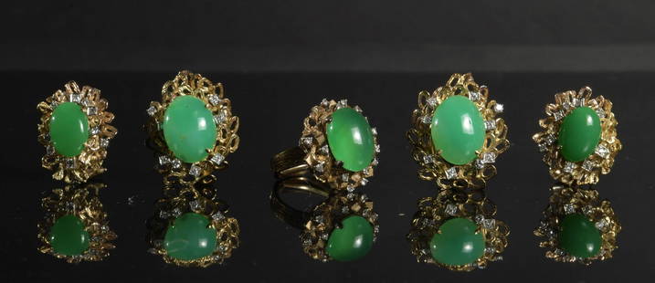 14K and 18K Gold Diamond and Jadeite Jewelry: A group of 14K and 18K gold diamond and jadeite earrings and a ring. The group includes 2 pairs of 18K earrings each set of earrings includes 9 full cut diamonds approximately .02 carat diamonds;