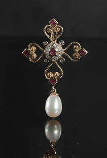 14K Gold Pendant with Diamonds and Rubies: A 14K yellow gold pendant with 4 square cut rubies, 1 round faceted ruby in the center, 4 round faceted diamonds and a cultured pearl teardrop. The 4 diamonds are bezel set and total approximately