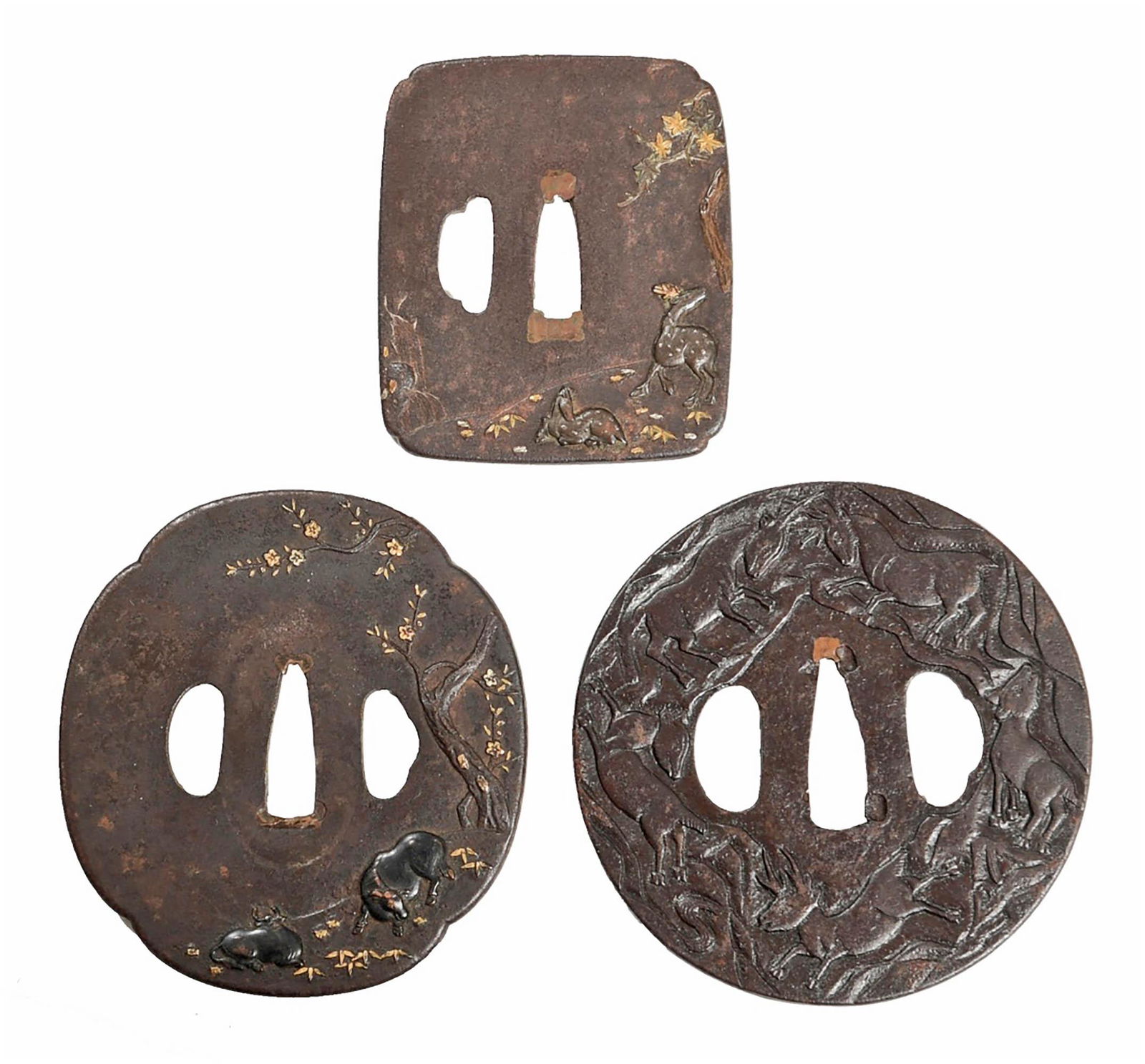 3 Japanese Mixed Metal Tsuba with Deer and Oxen (1 of 6)