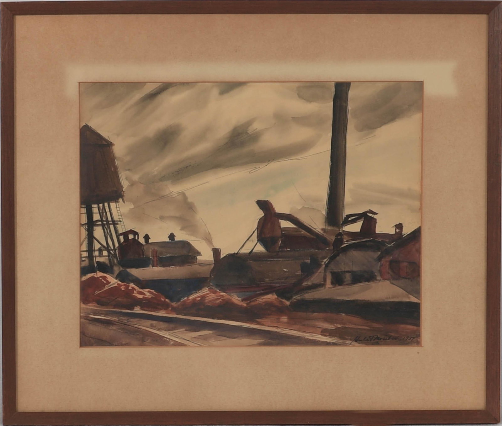 Hugh Mesibov Industrial Watercolor, 1937: A watercolor and ink on paper by Hugh Mesibov from 1937. Hubert Bernard 'Hugh' Mesibov was an American artist (b. 1916, d.2016). The watercolor depicts an industrial landscape with a water tower, trai