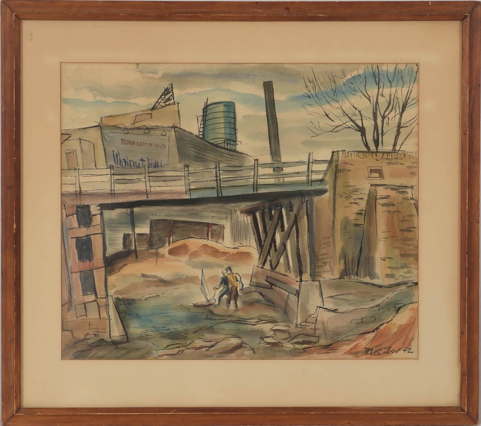 Hugh Mesibov Watercolor, Walnut Hill, Phila. 1942: A watercolor and charcoal on paper by Hugh Mesibov from 1942. Hubert Bernard 'Hugh' Mesibov was an American artist (b. 1916, d. 2016). The work depicts an industrial scene with muted tones of the Waln